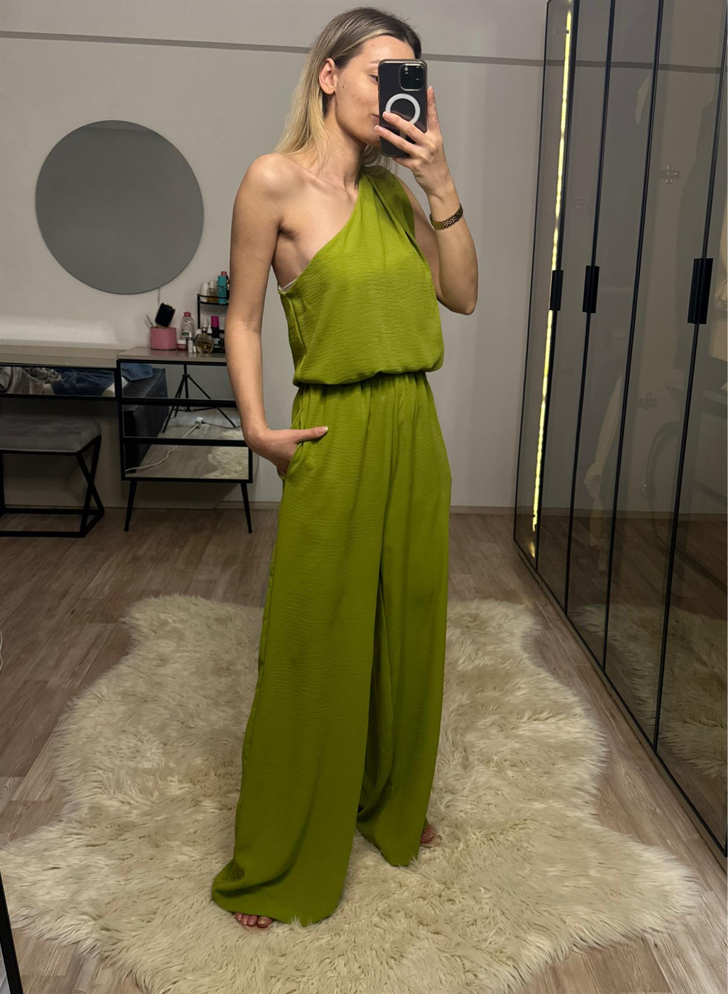 Monica Yeşil Tek Omuz Bluz Pantolon Takım