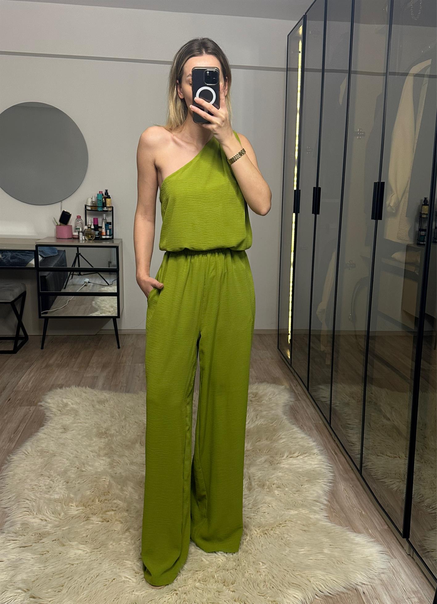Monica Yeşil Tek Omuz Bluz Pantolon Takım