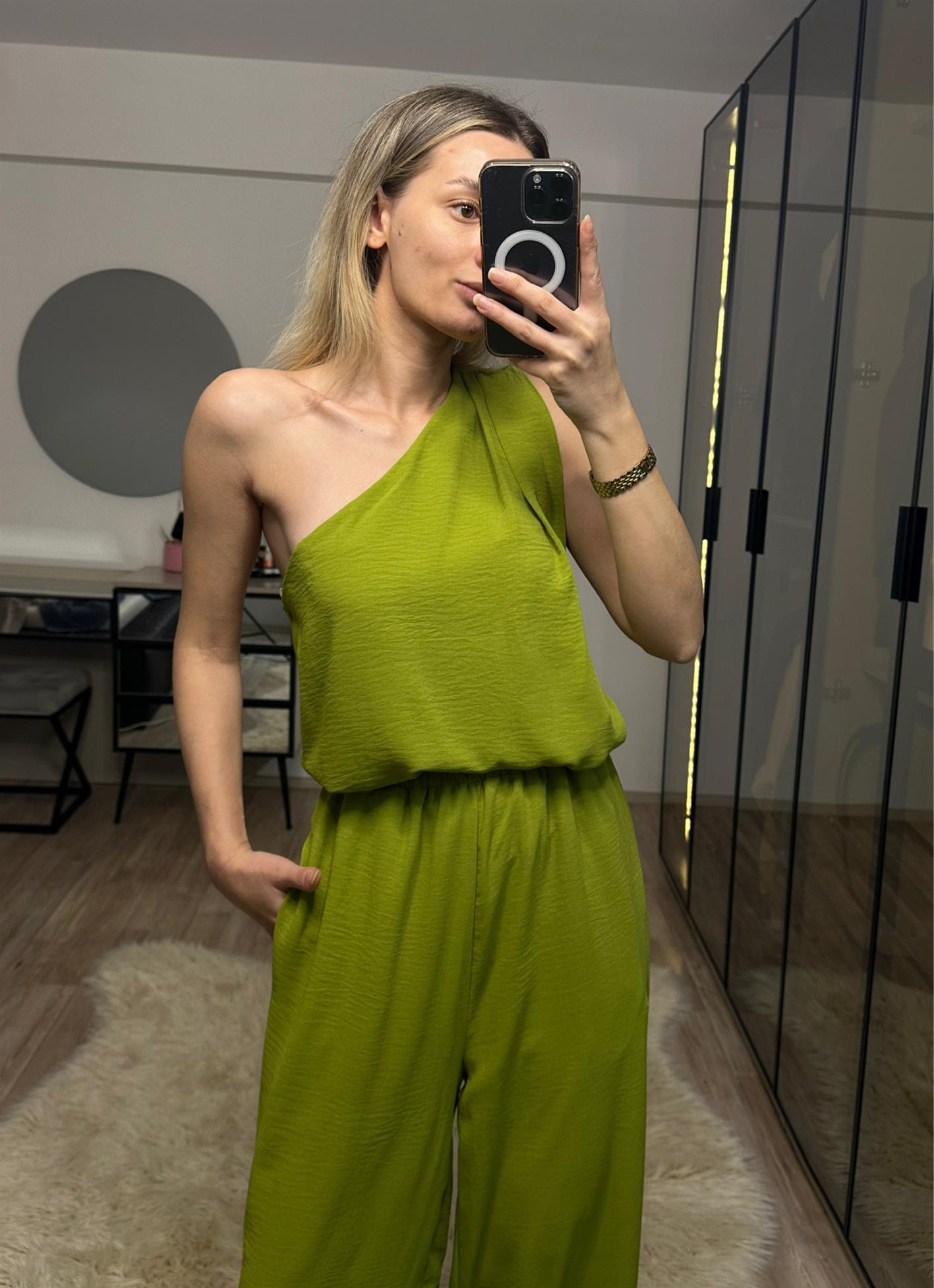 Monica Yeşil Tek Omuz Bluz Pantolon Takım