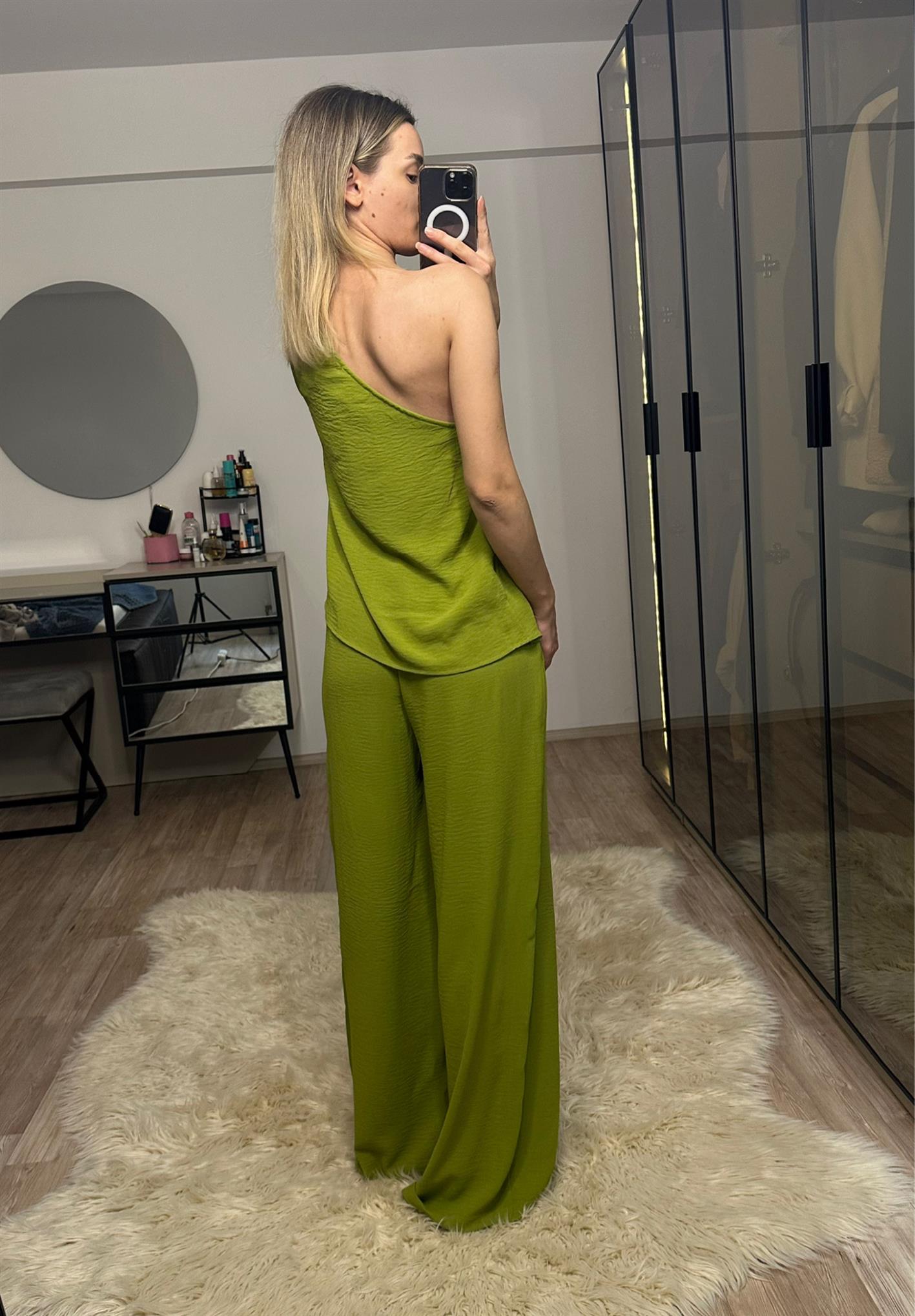 Monica Yeşil Tek Omuz Bluz Pantolon Takım