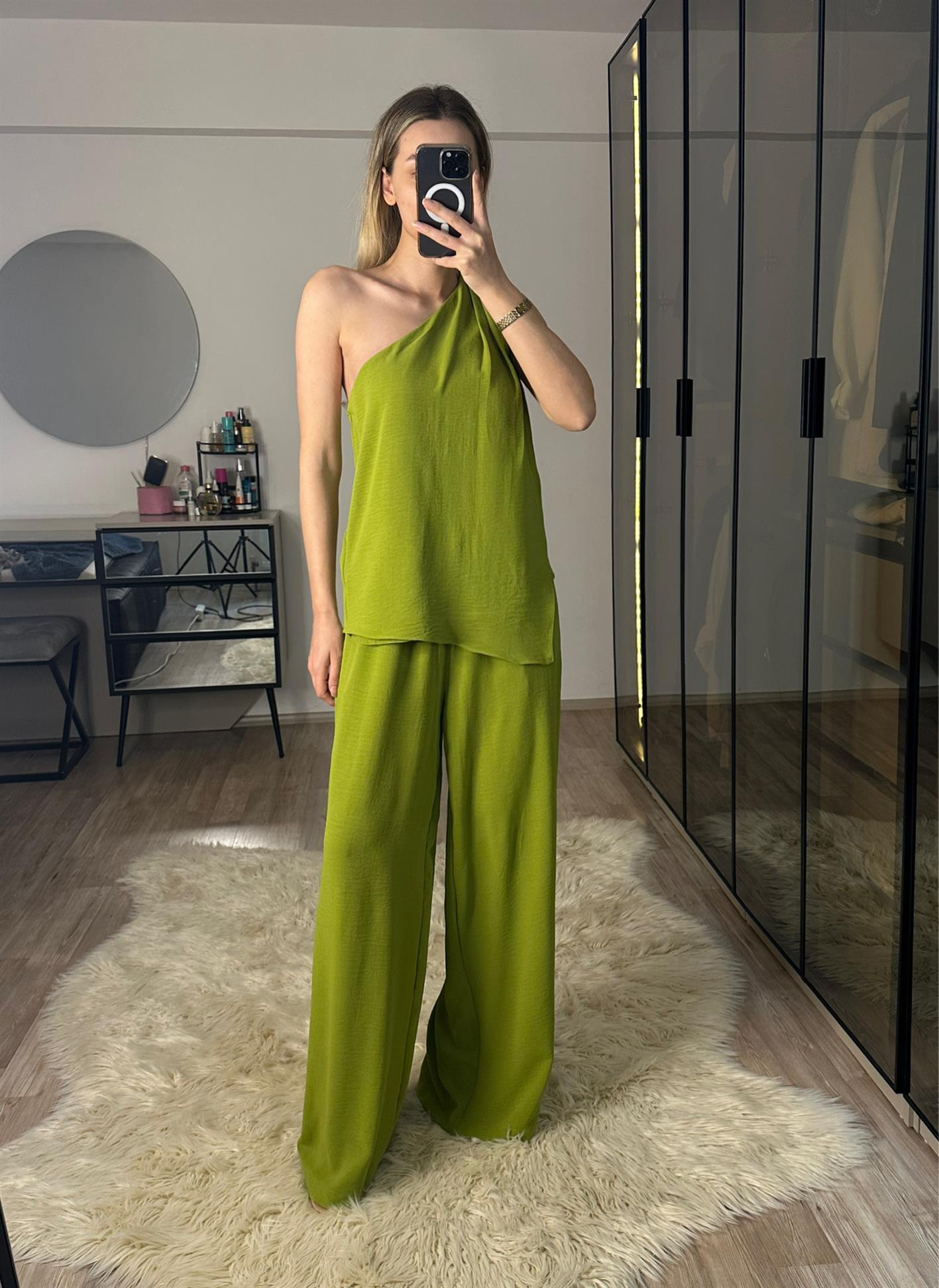 Monica Yeşil Tek Omuz Bluz Pantolon Takım