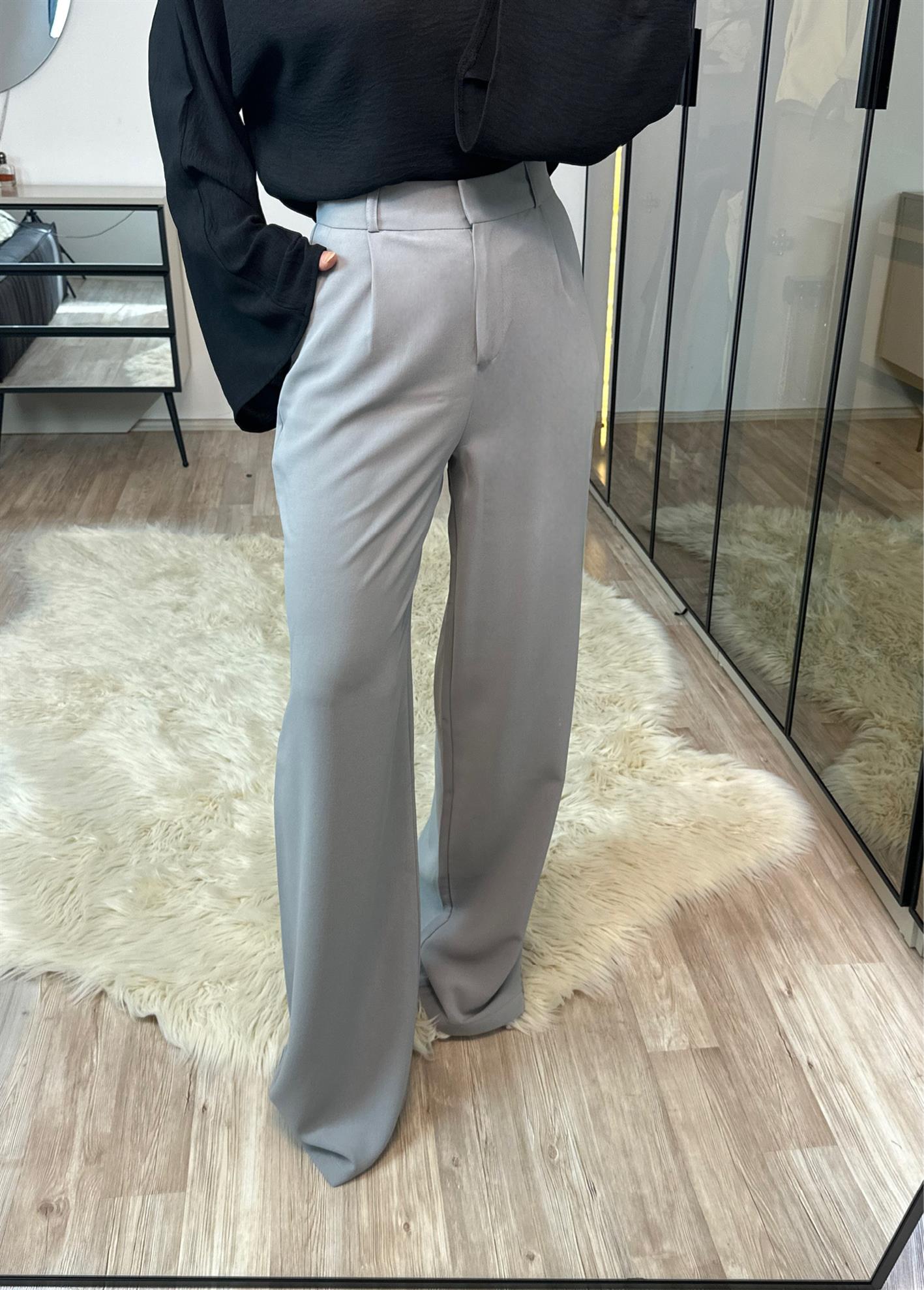 Nesty Gri Ekstra Yüksek Bel Pileli Vanessa Palazzo Pantolon