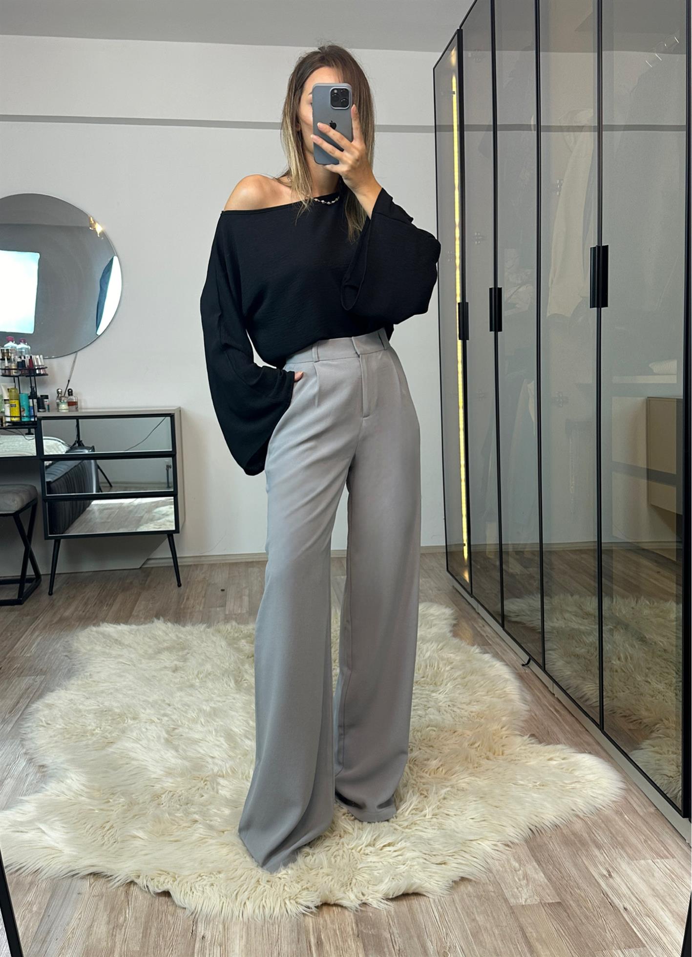 Nesty Gri Ekstra Yüksek Bel Pileli Vanessa Palazzo Pantolon