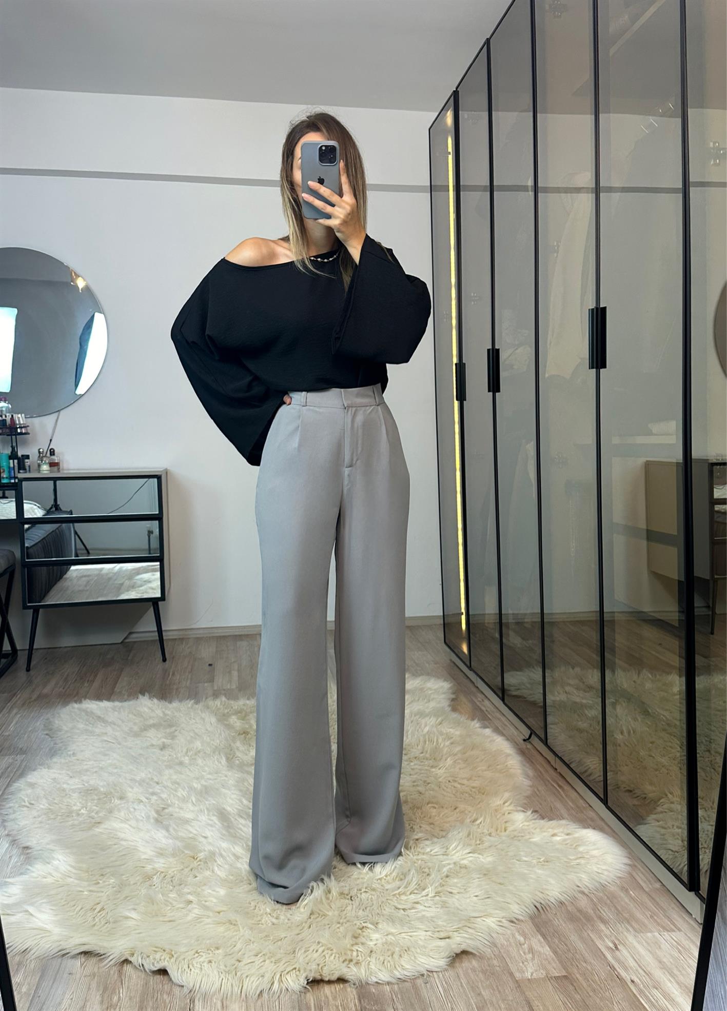 Nesty Gri Ekstra Yüksek Bel Pileli Vanessa Palazzo Pantolon