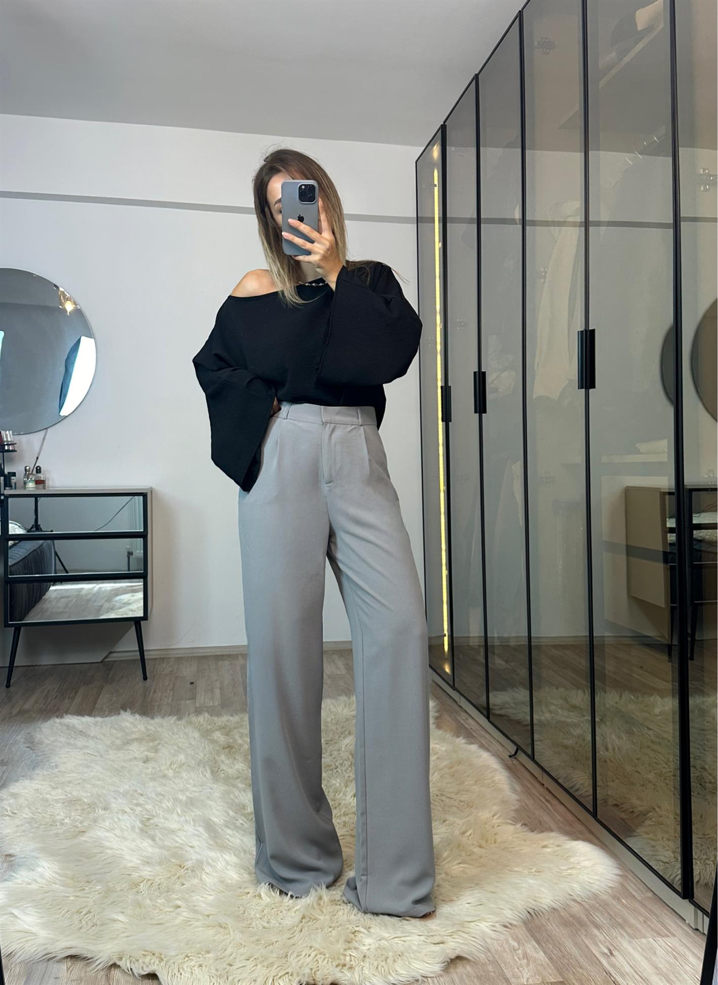 Nesty Gri Ekstra Yüksek Bel Pileli Vanessa Palazzo Pantolon