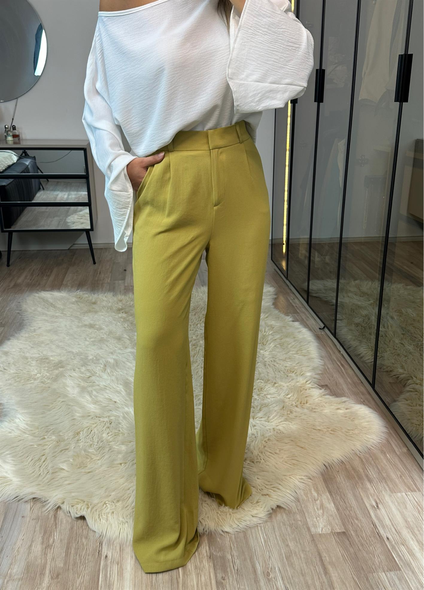 Nesty Yağ Yeşili Ekstra Yüksek Bel Pileli Vanessa Palazzo Pantolon