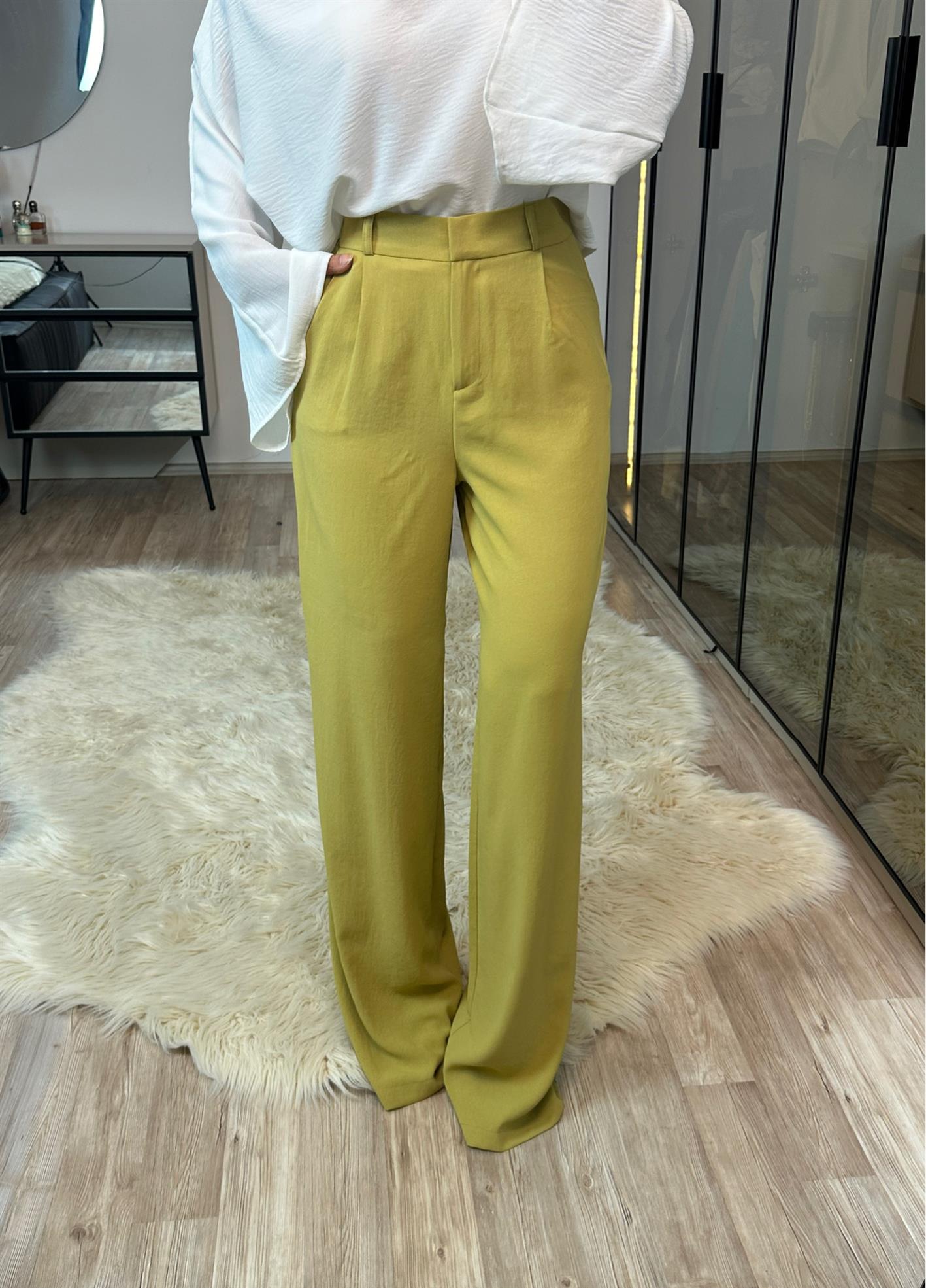 Nesty Yağ Yeşili Ekstra Yüksek Bel Pileli Vanessa Palazzo Pantolon