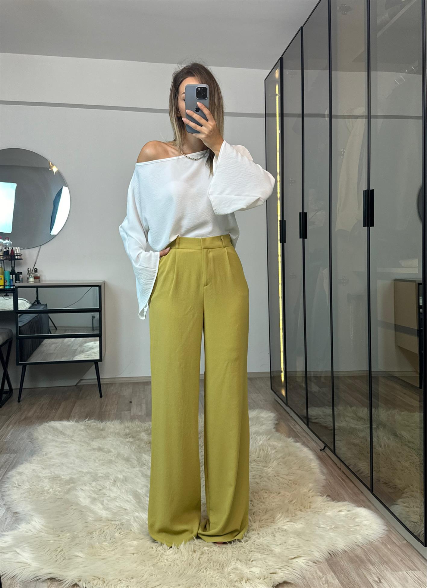 Nesty Yağ Yeşili Ekstra Yüksek Bel Pileli Vanessa Palazzo Pantolon