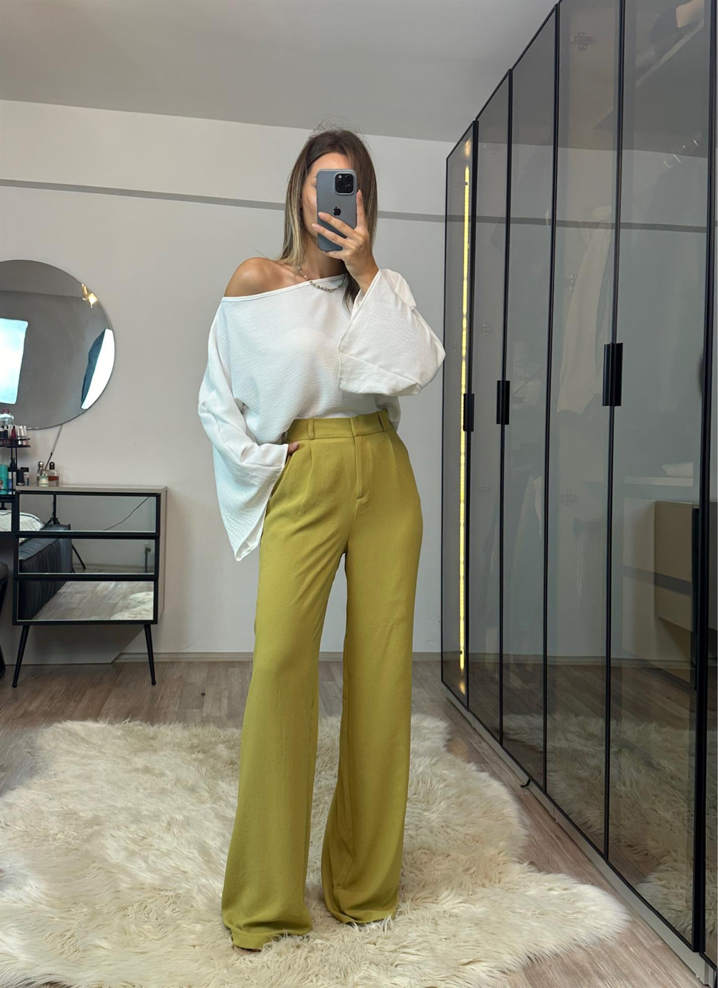 Nesty Yağ Yeşili Ekstra Yüksek Bel Pileli Vanessa Palazzo Pantolon