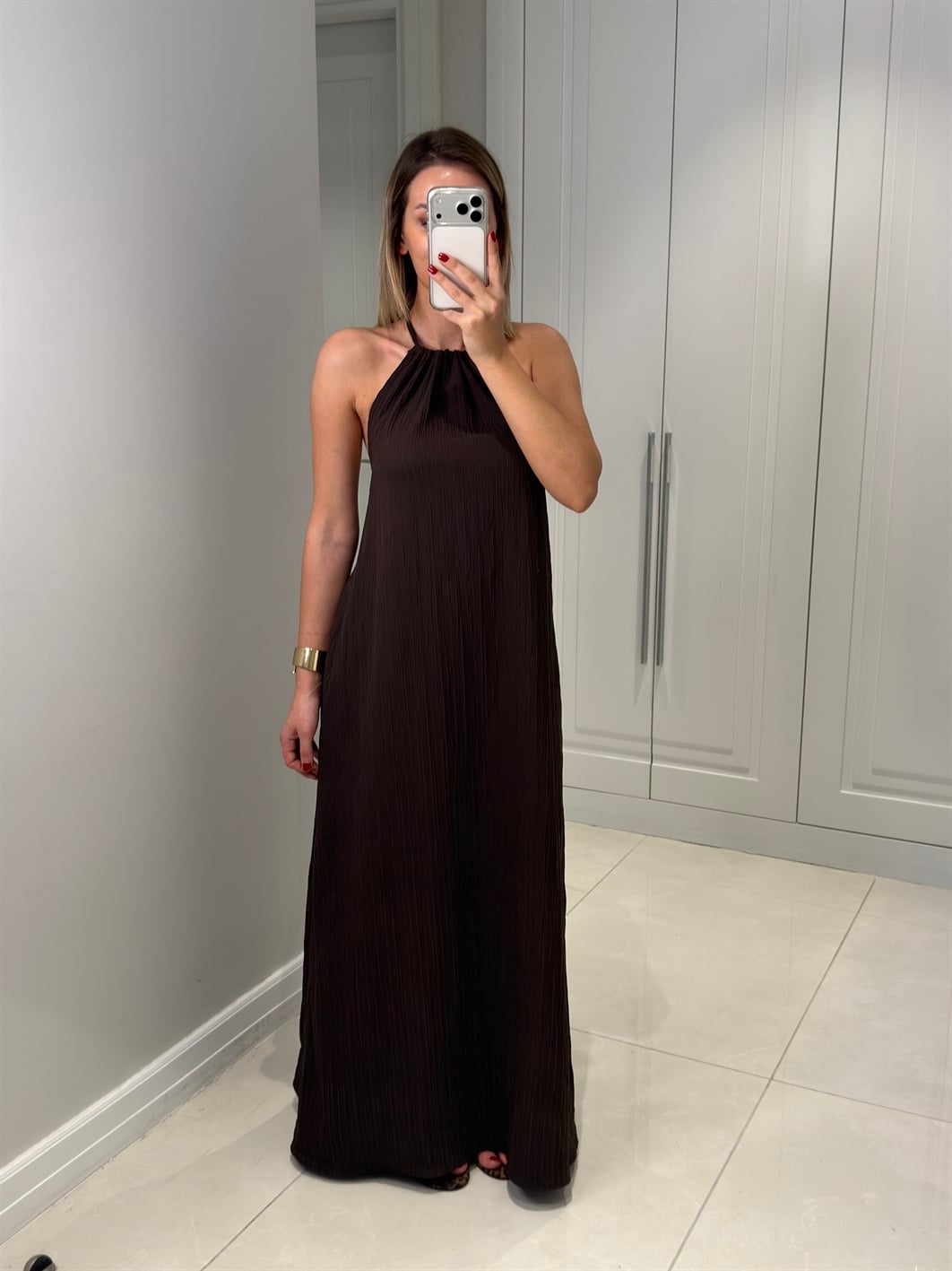 Oleanna Acı Kahve Boyundan Bağlamalı Elbise