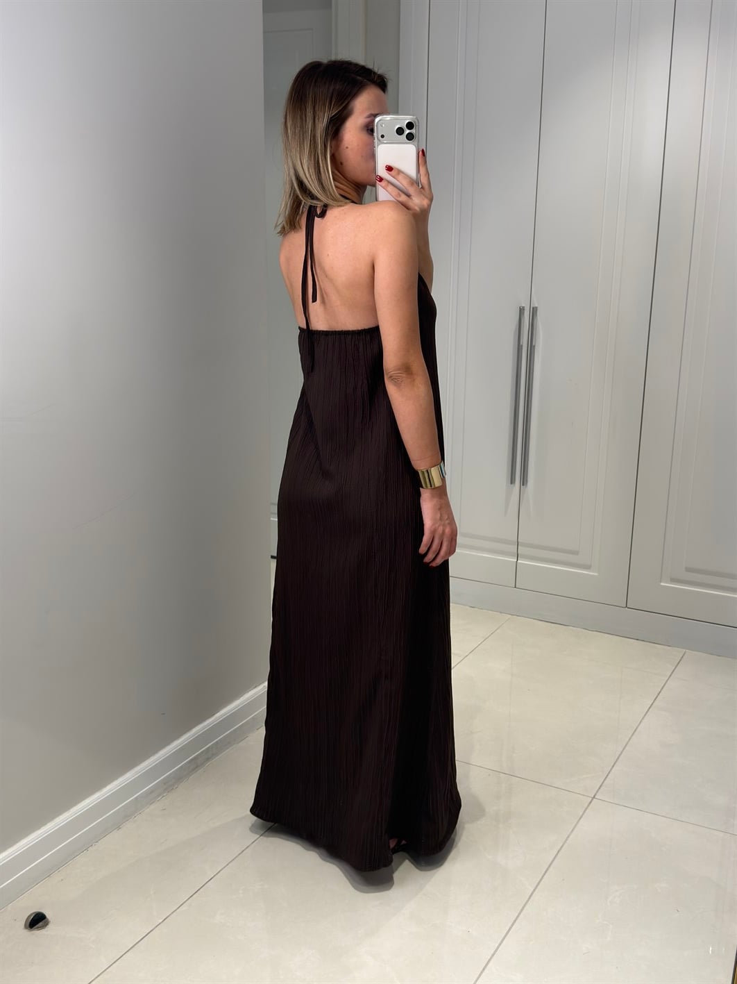 Oleanna Acı Kahve Boyundan Bağlamalı Elbise