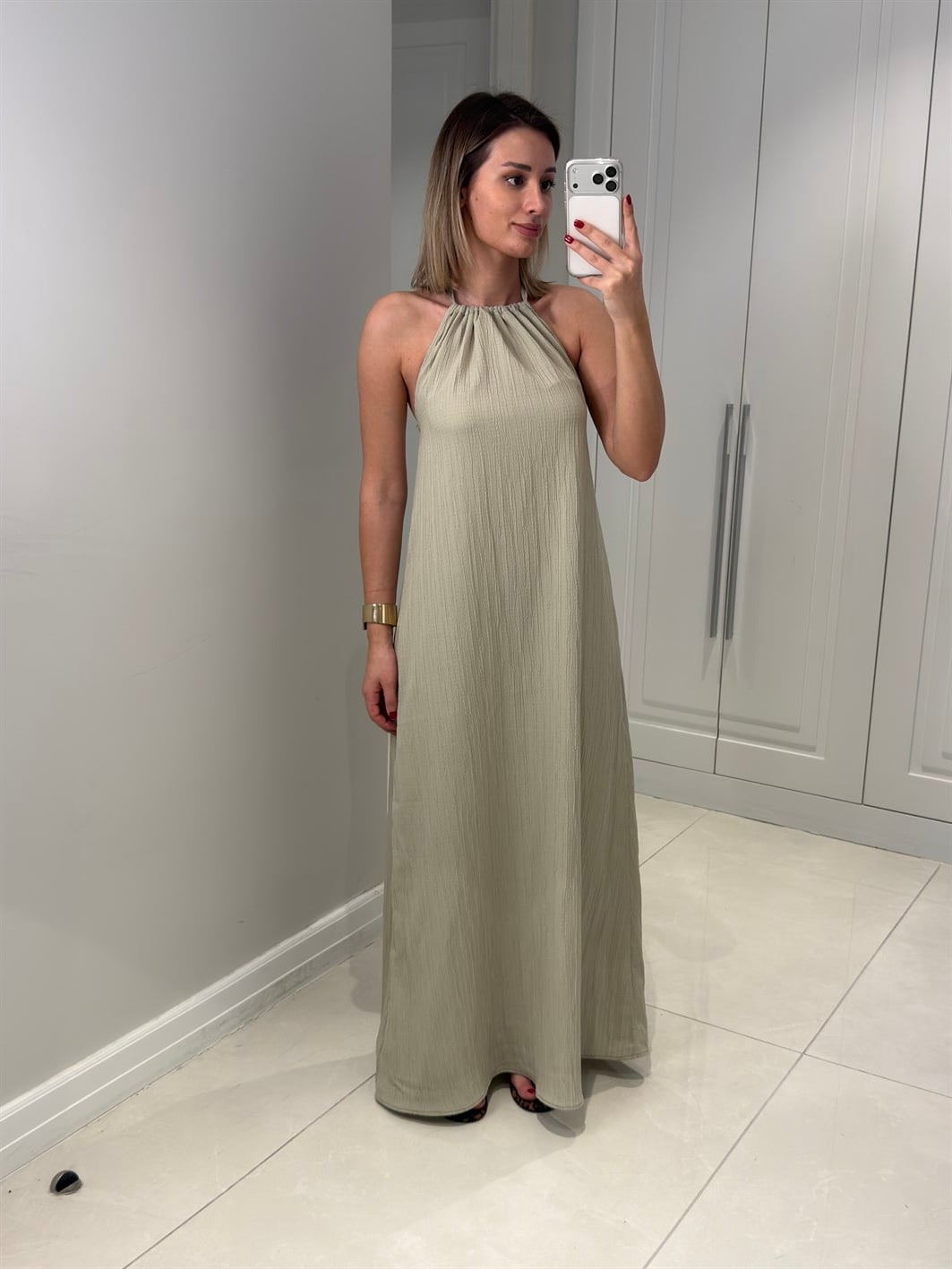 Oleanna Haki Boyundan Bağlamalı Elbise