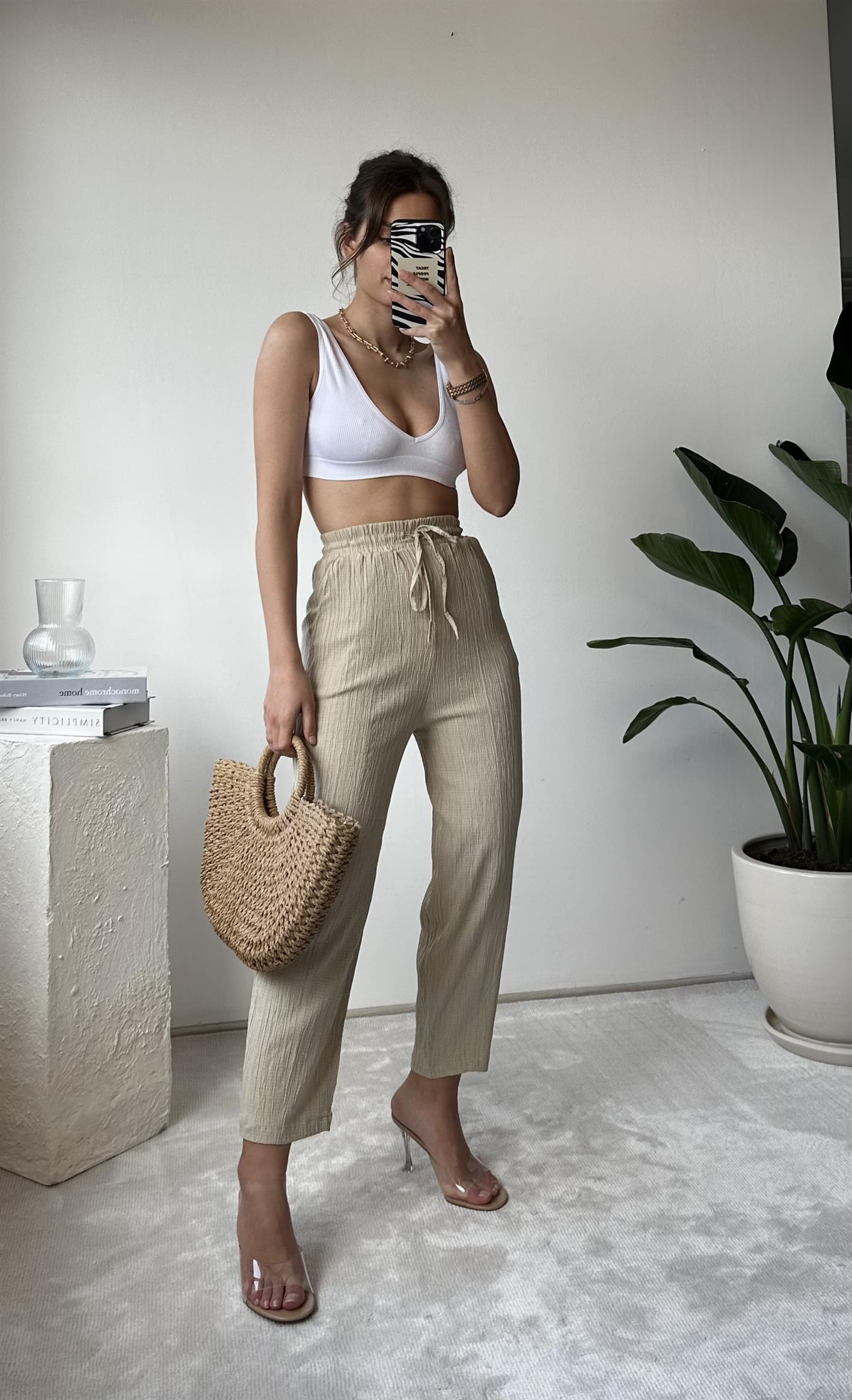 Olivia Bej Gofre Şalvar Pantolon