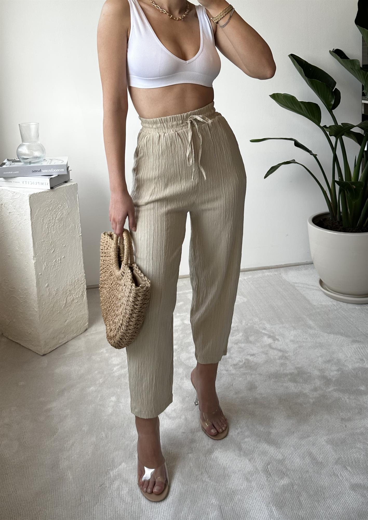 Olivia Bej Gofre Şalvar Pantolon