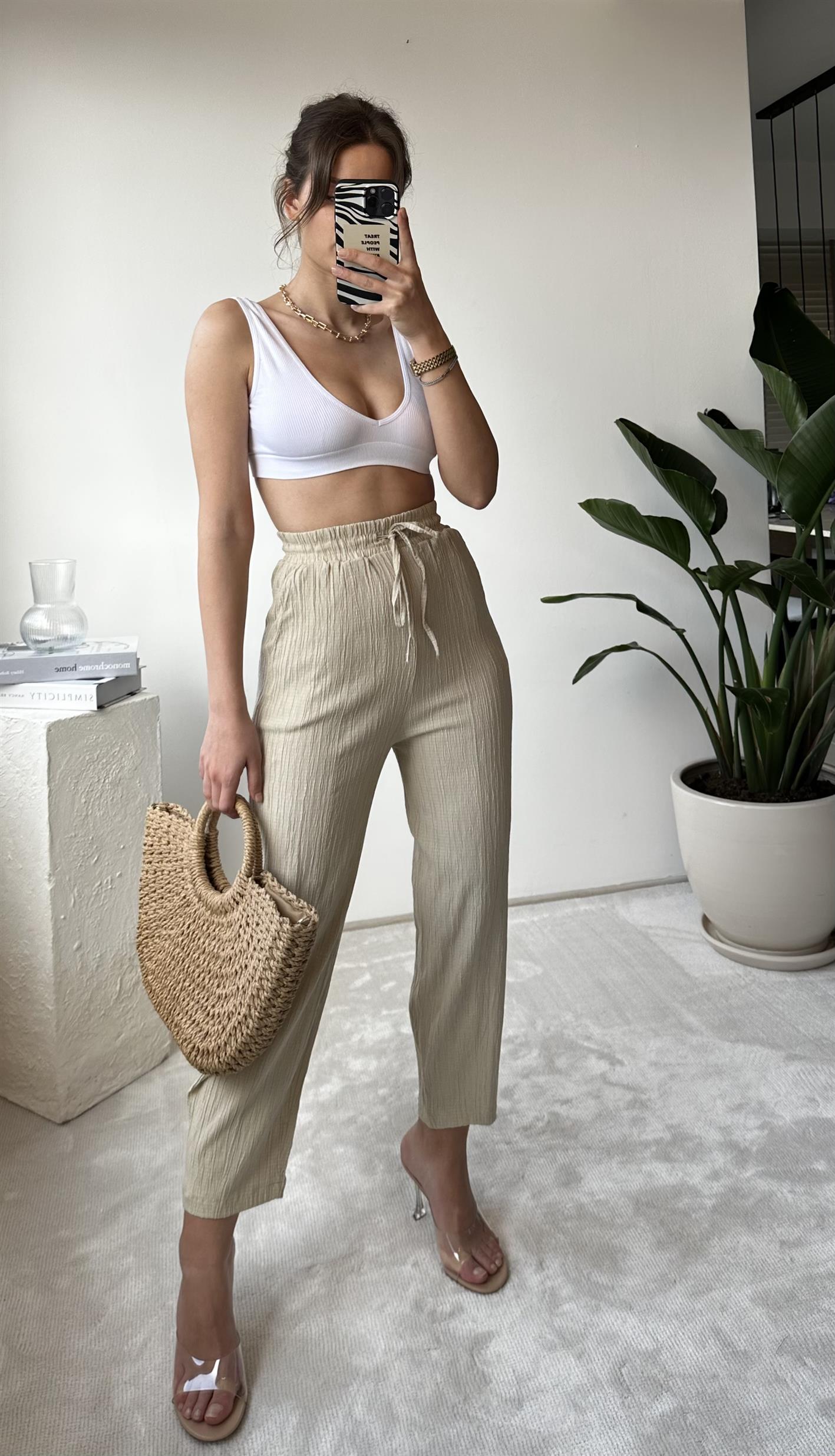 Olivia Bej Gofre Şalvar Pantolon