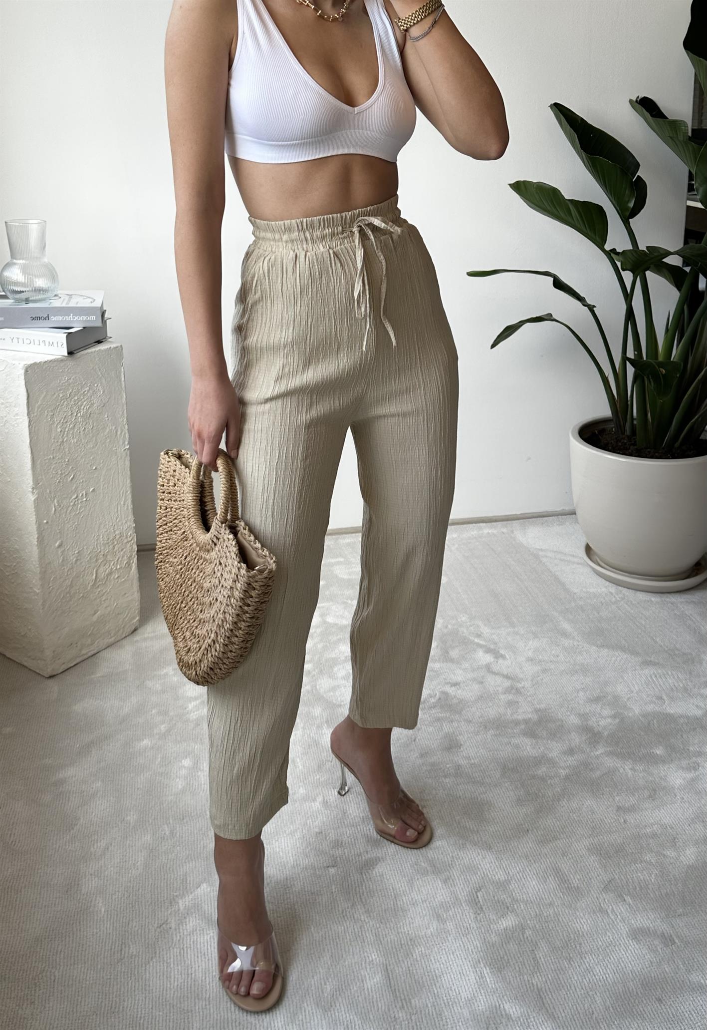 Olivia Bej Gofre Şalvar Pantolon