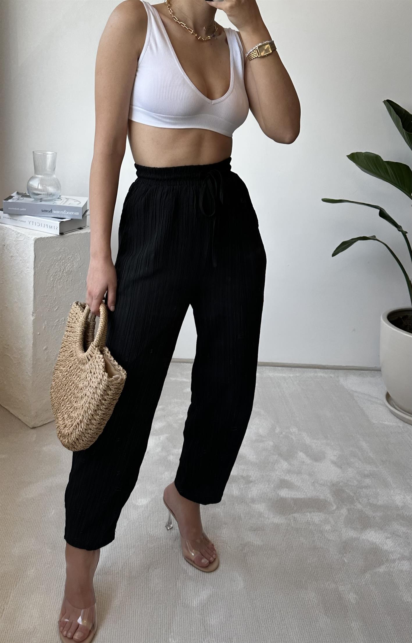 Olivia Siyah Gofre Şalvar Pantolon