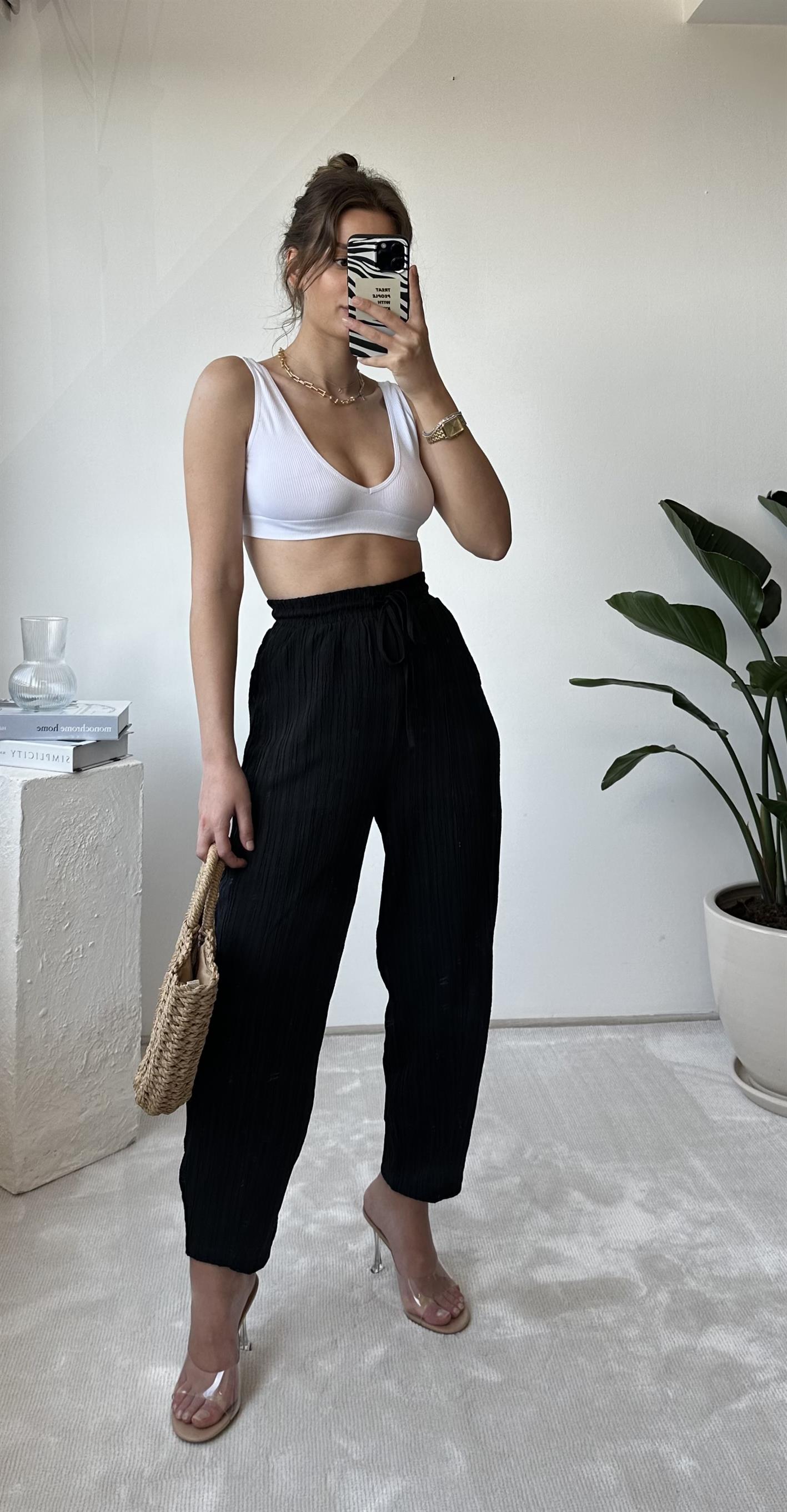 Olivia Siyah Gofre Şalvar Pantolon