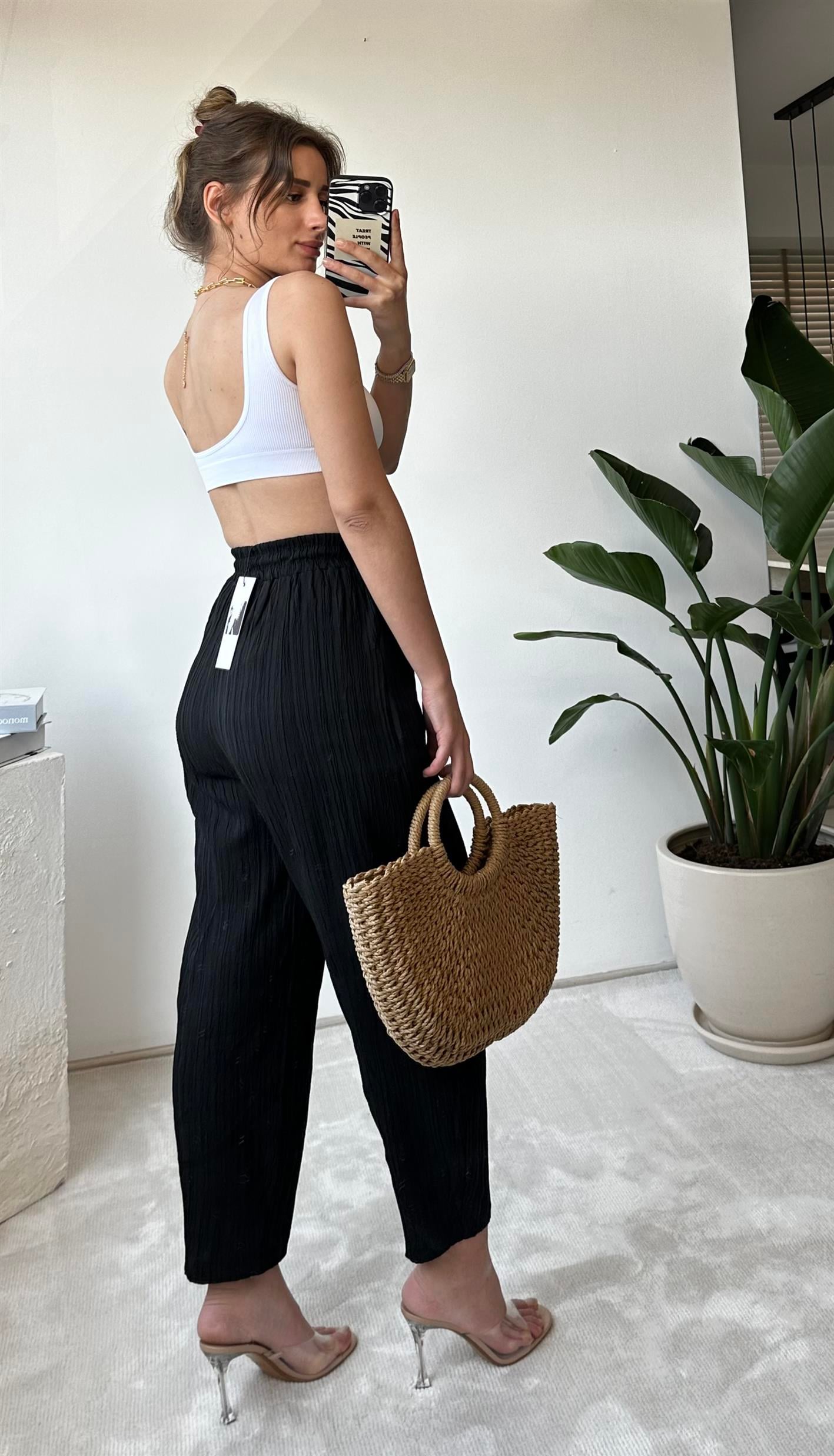 Olivia Siyah Gofre Şalvar Pantolon