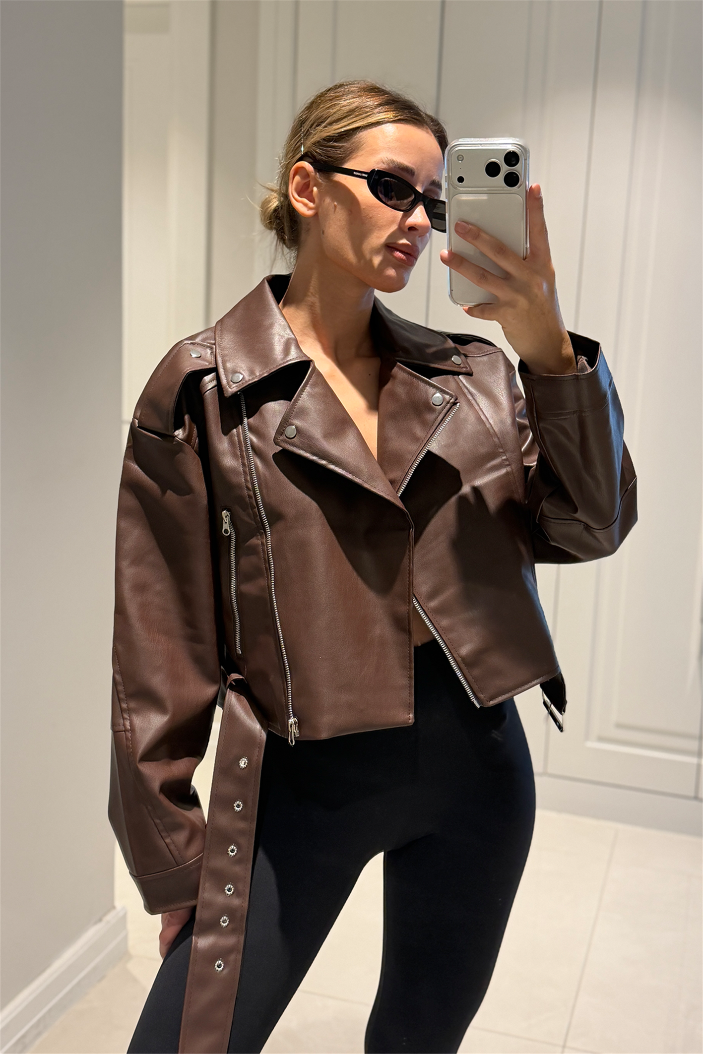 Patricia Acı Kahve Kemerli Biker Deri Ceket