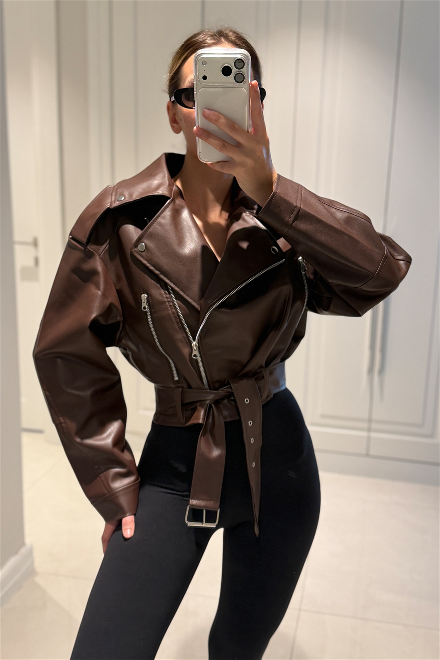 Patricia Acı Kahve Kemerli Biker Deri Ceket