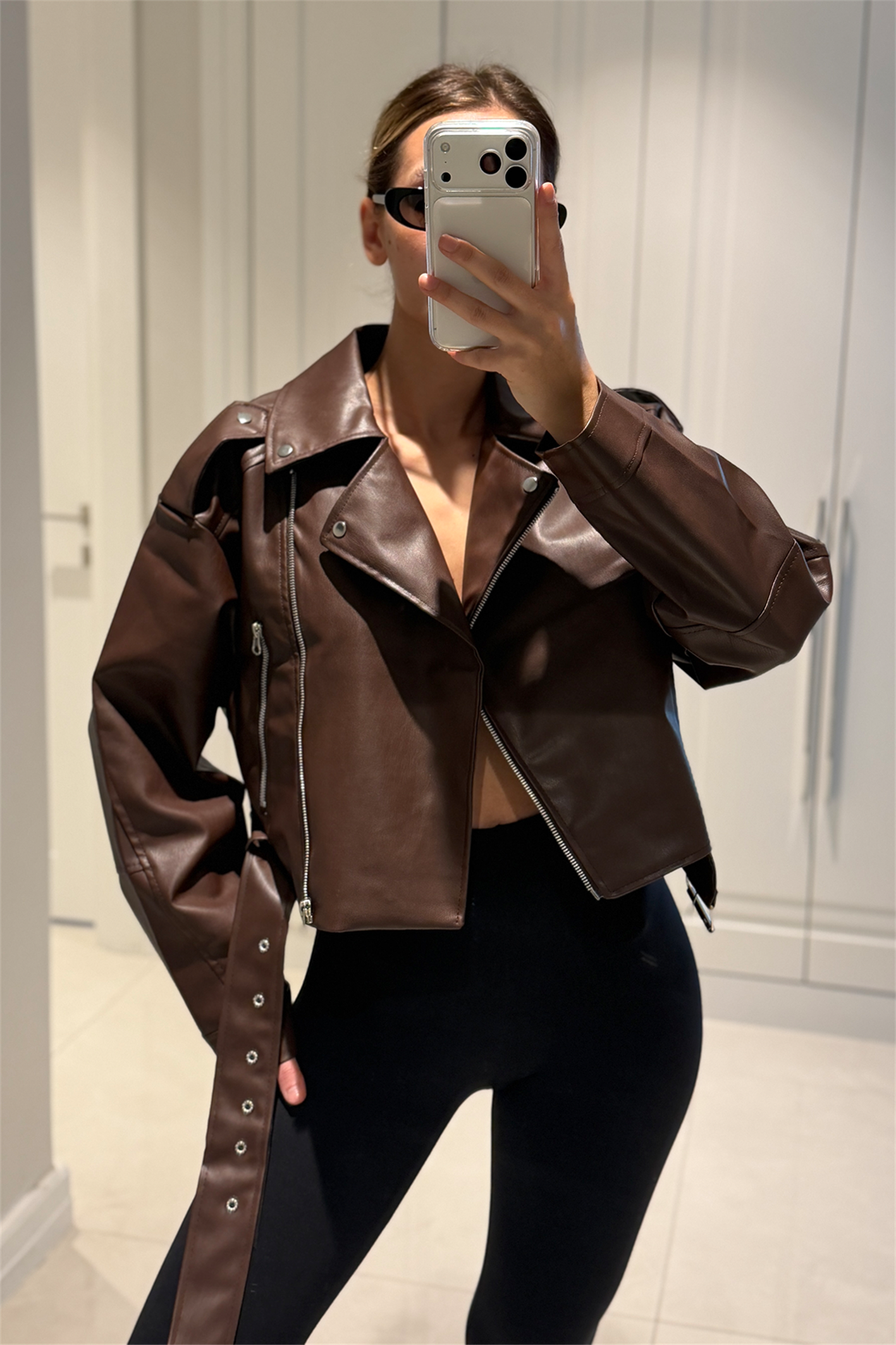 Patricia Acı Kahve Kemerli Biker Deri Ceket