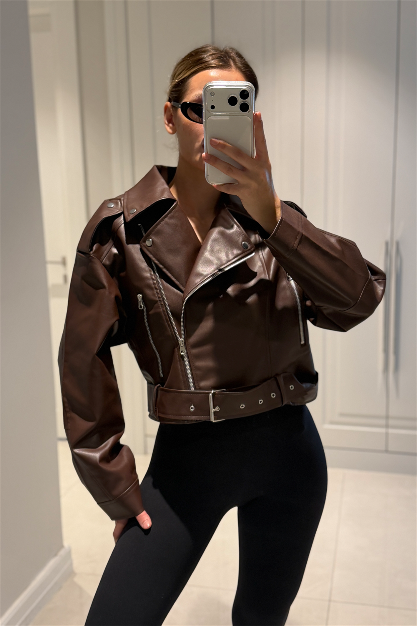 Patricia Acı Kahve Kemerli Biker Deri Ceket