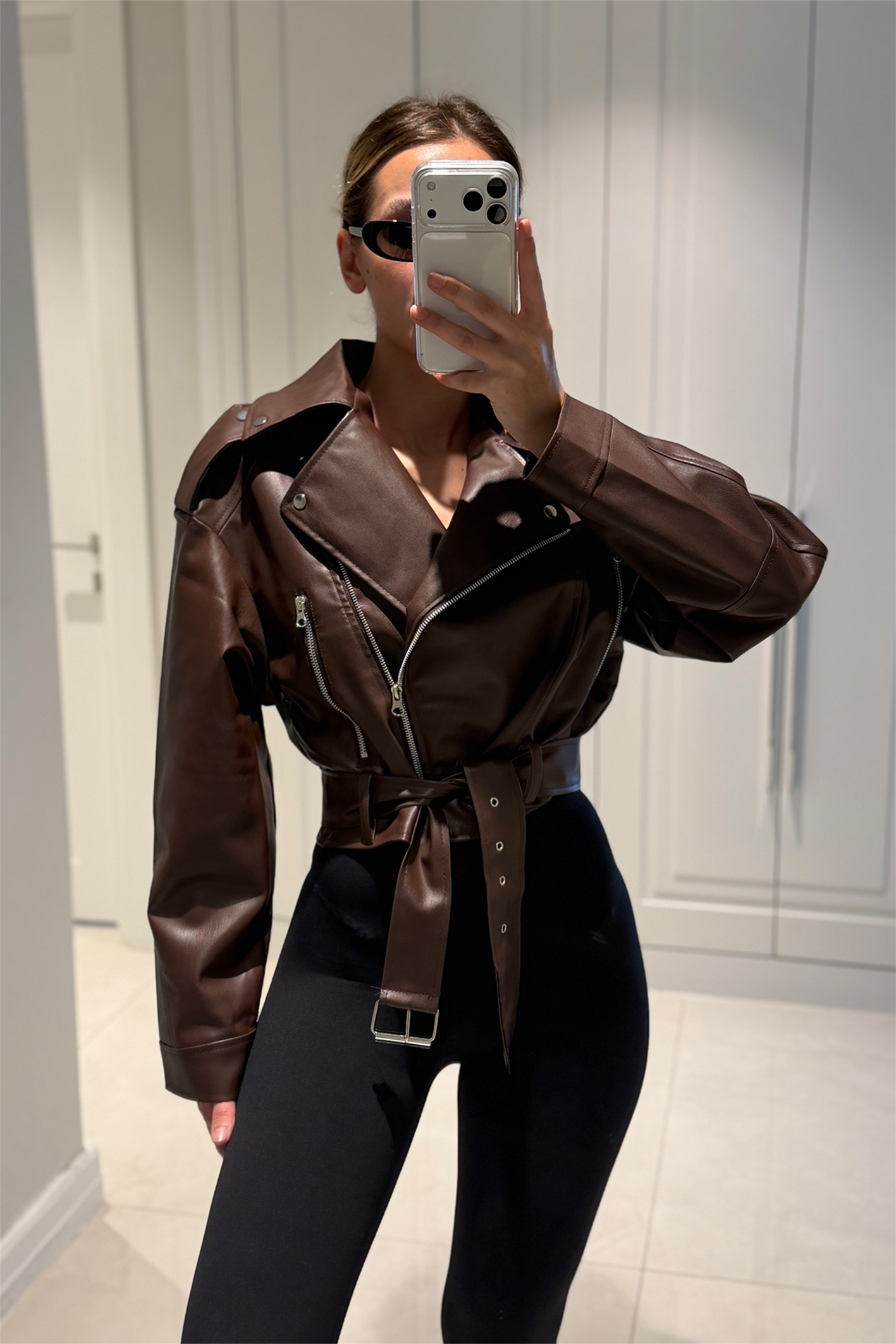 Patricia Acı Kahve Kemerli Biker Deri Ceket