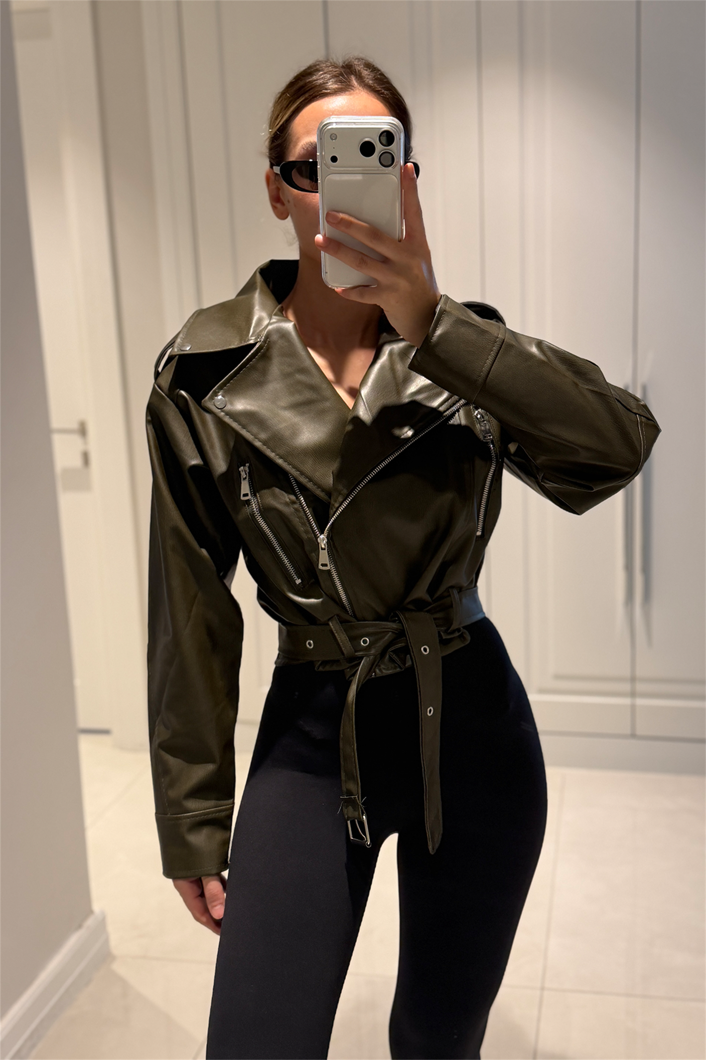 Patricia Haki Kemerli Biker Deri Ceket
