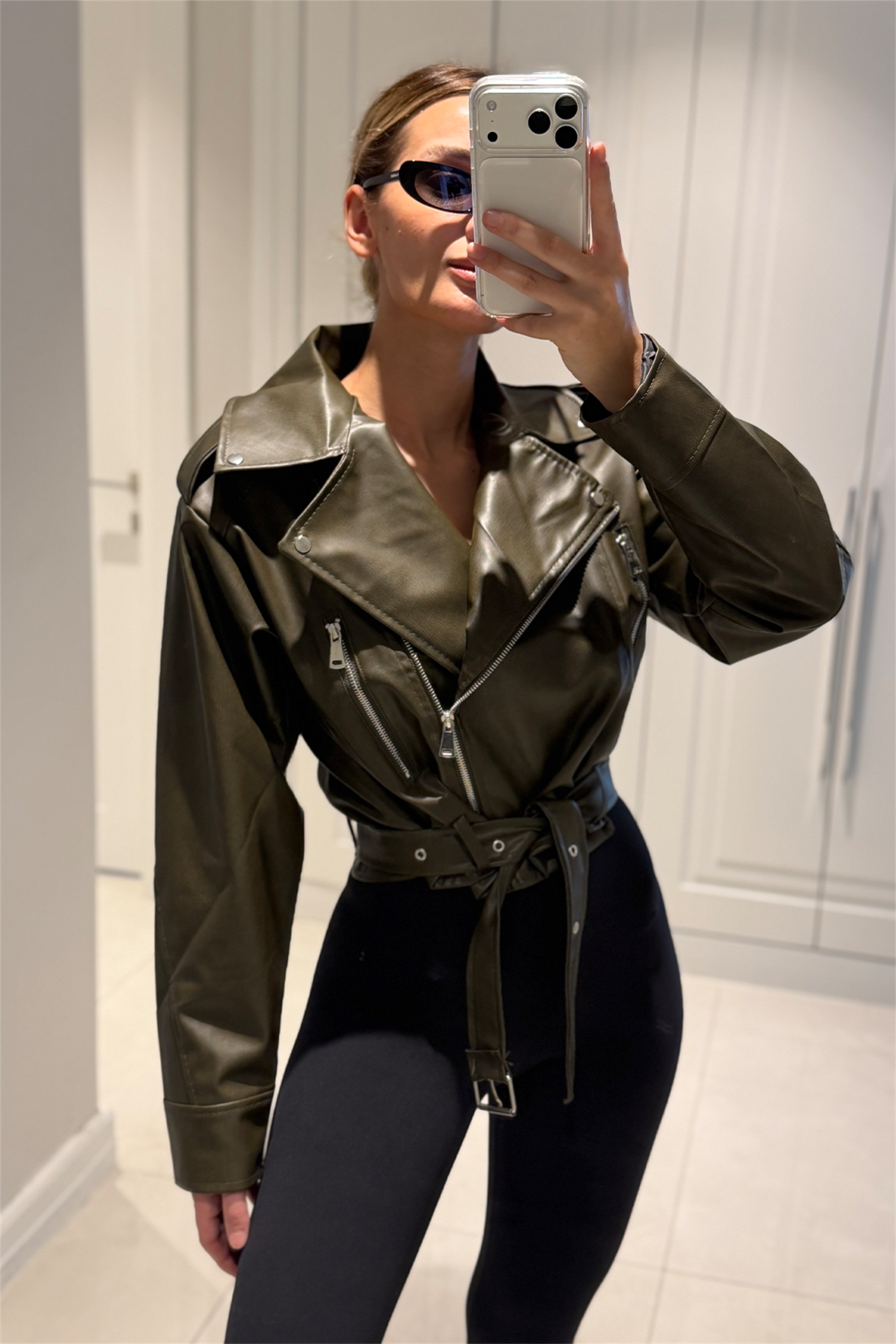 Patricia Haki Kemerli Biker Deri Ceket
