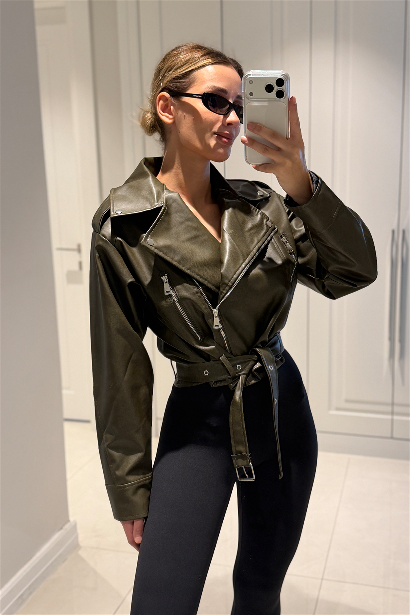 Patricia Haki Kemerli Biker Deri Ceket