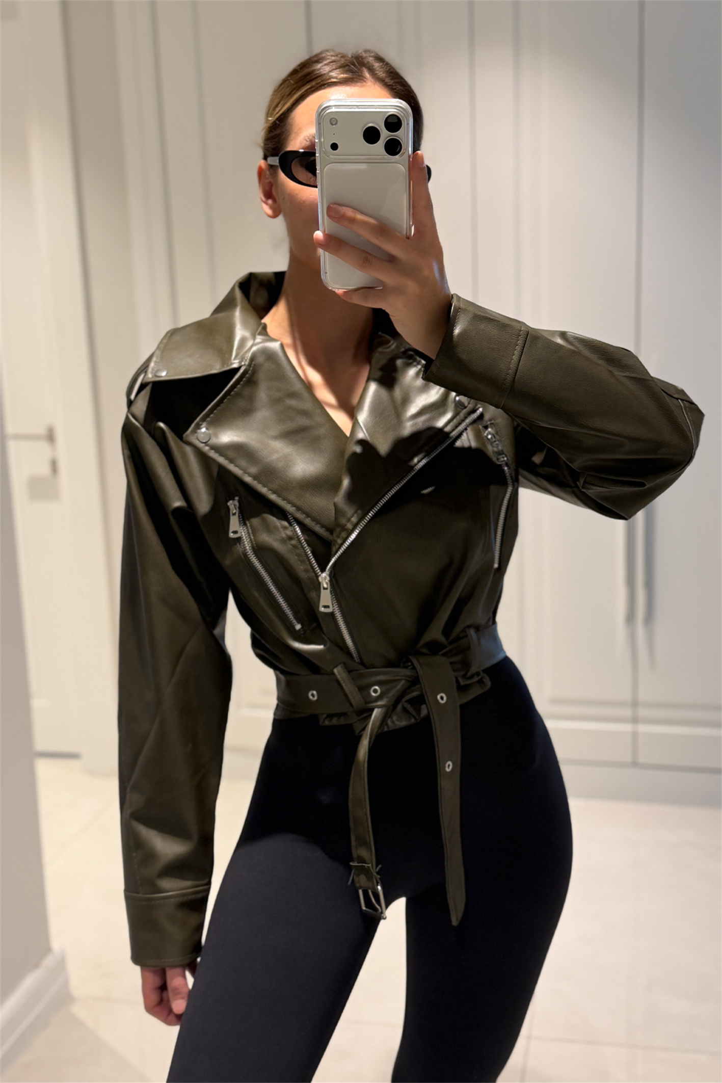 Patricia Haki Kemerli Biker Deri Ceket