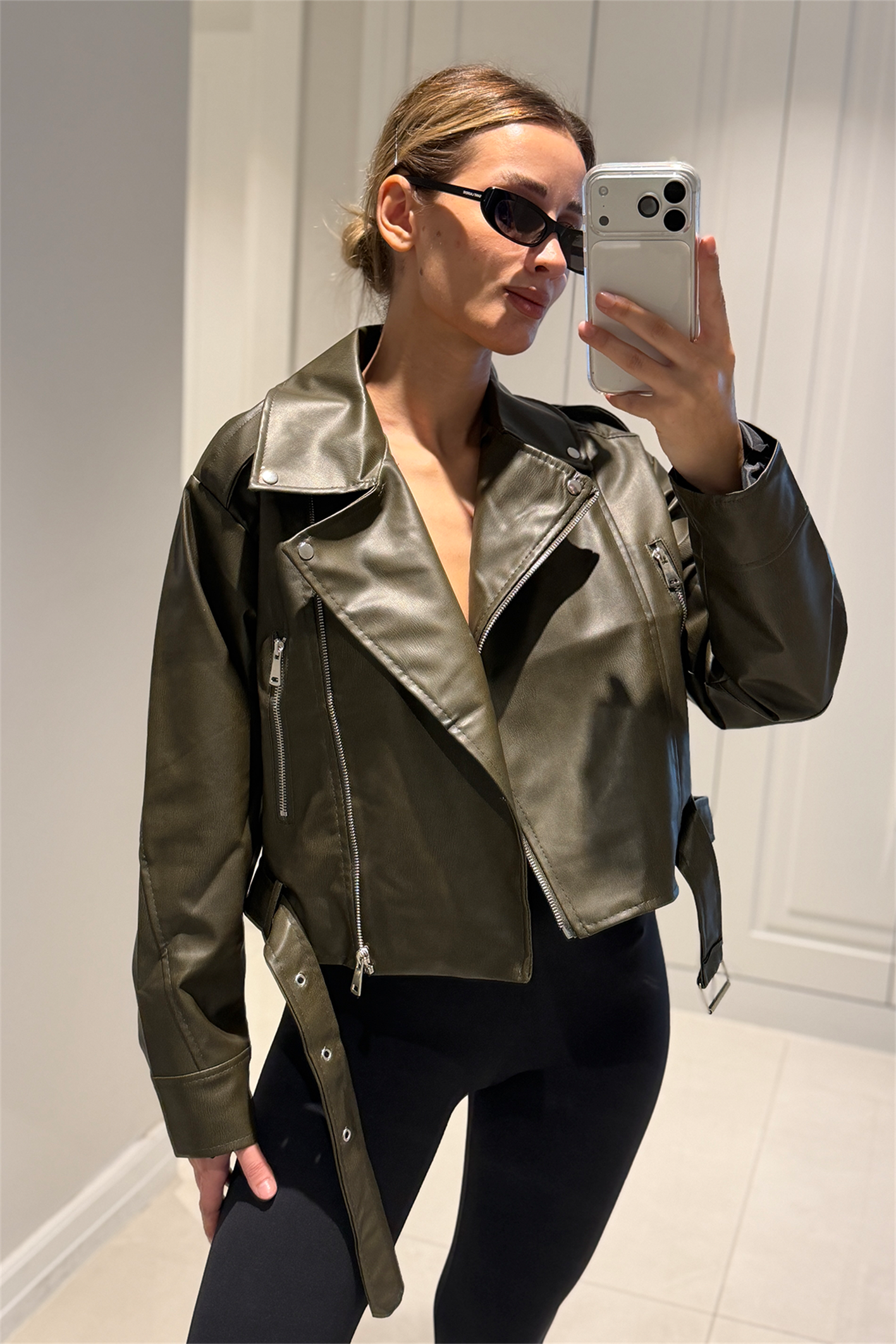 Patricia Haki Kemerli Biker Deri Ceket