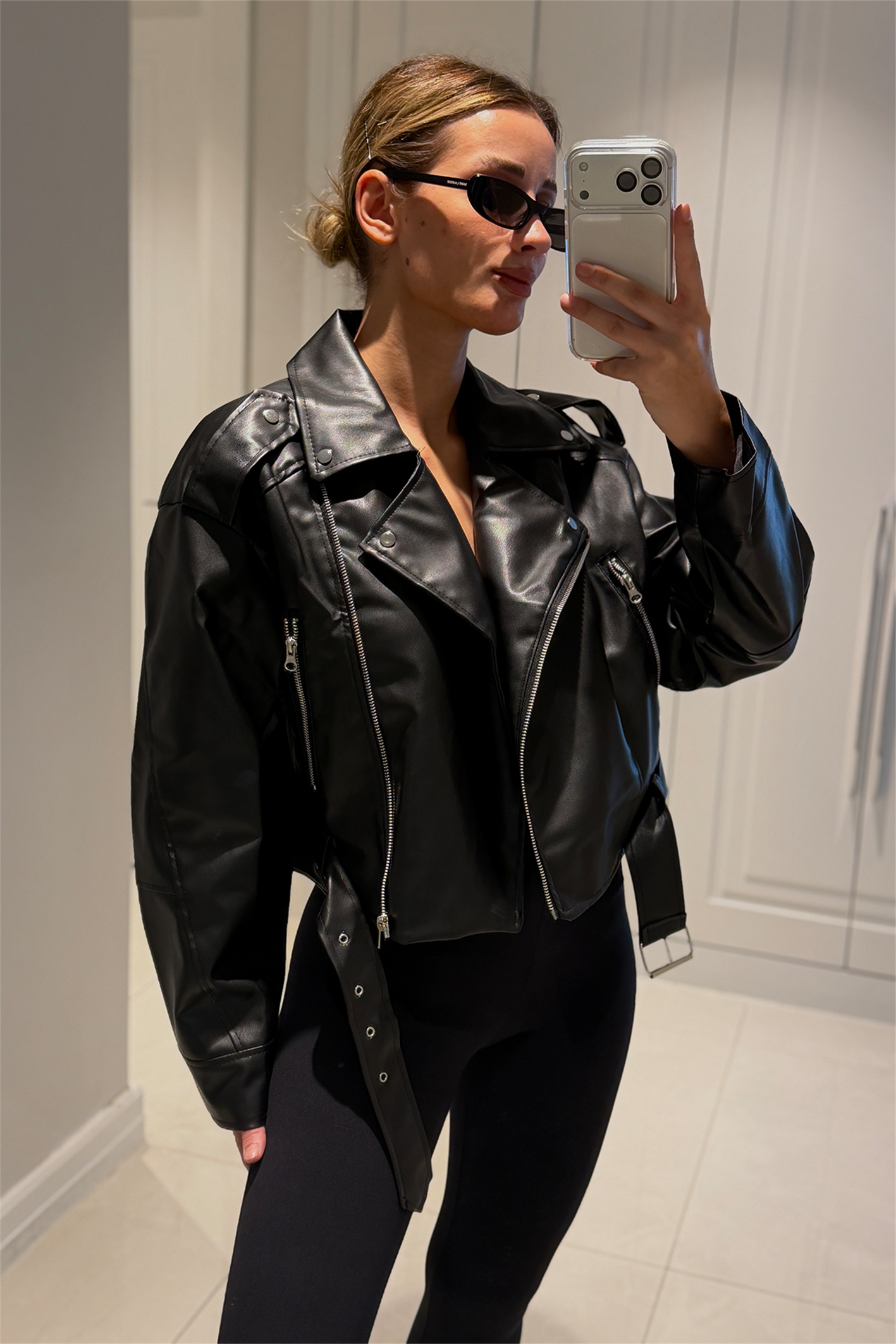 Patricia Siyah Kemerli Biker Deri Ceket