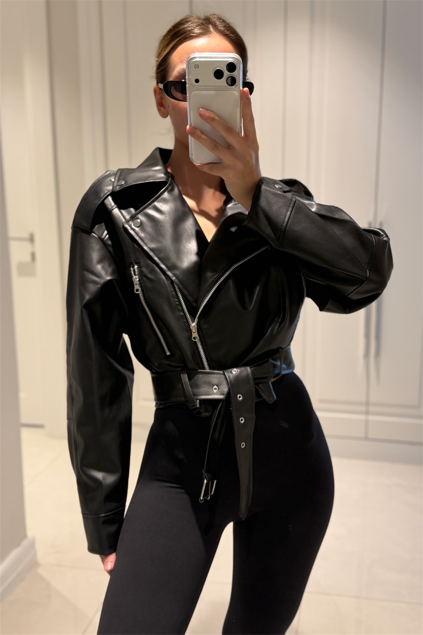 Patricia Siyah Kemerli Biker Deri Ceket