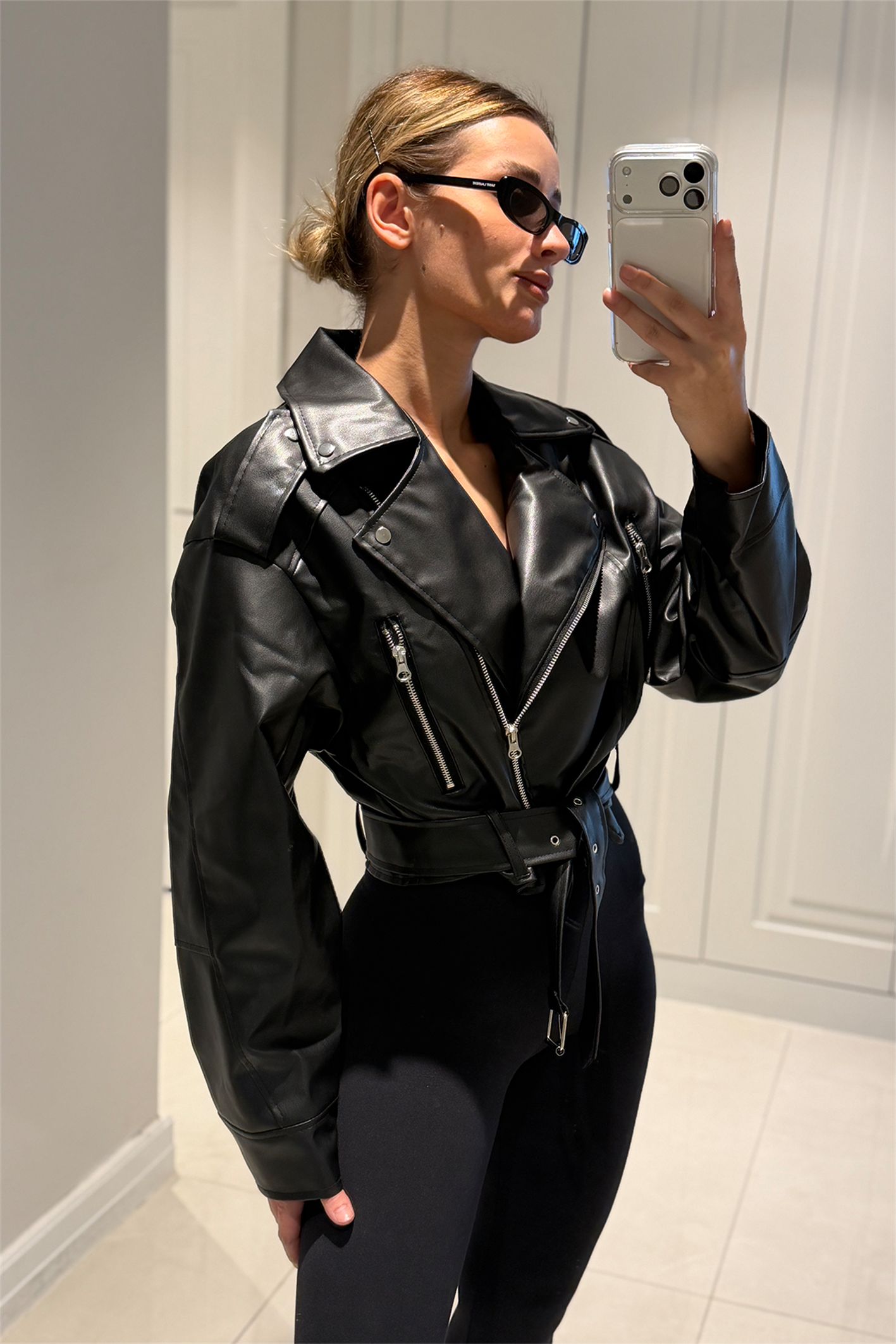 Patricia Siyah Kemerli Biker Deri Ceket