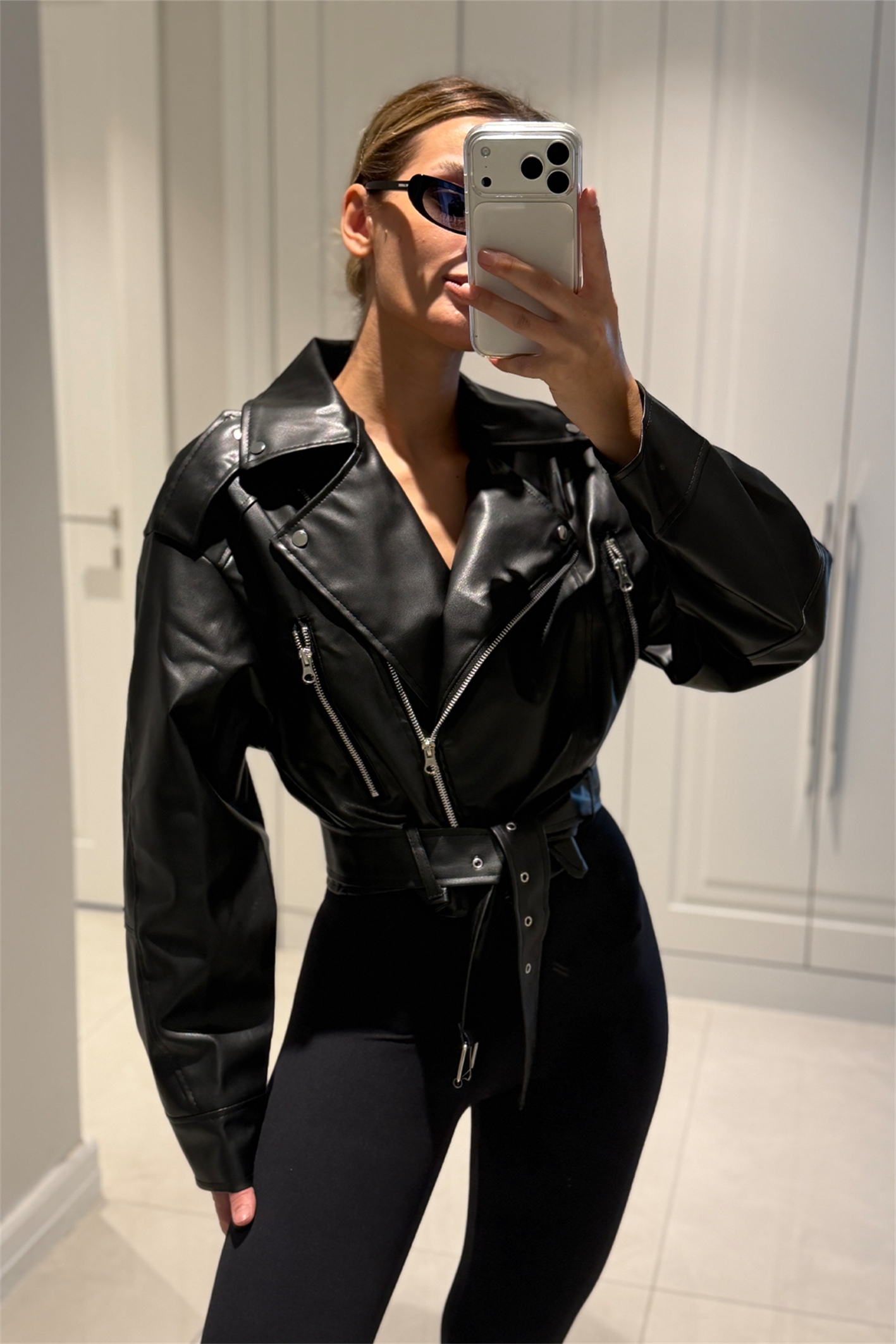 Patricia Siyah Kemerli Biker Deri Ceket