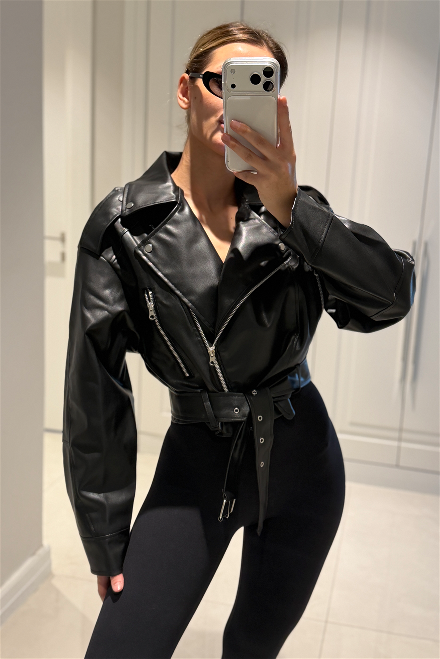 Patricia Siyah Kemerli Biker Deri Ceket
