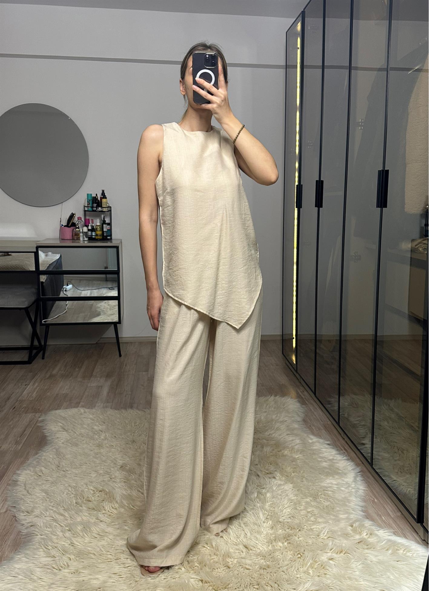 Perla Bej Asimetrik Bluz Pantolon Takım