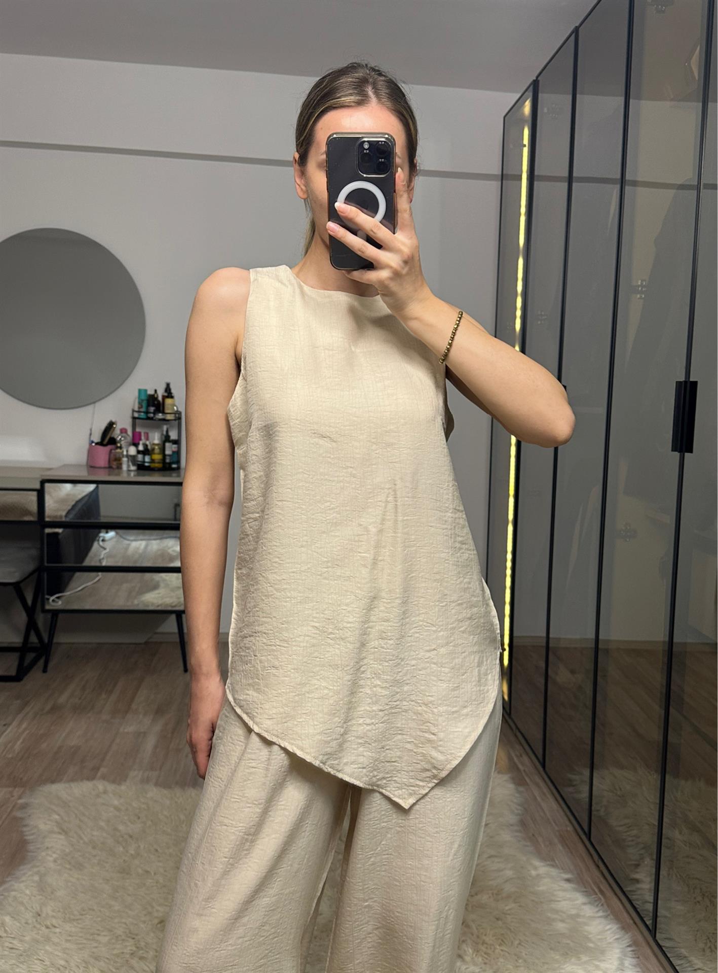 Perla Bej Asimetrik Bluz Pantolon Takım