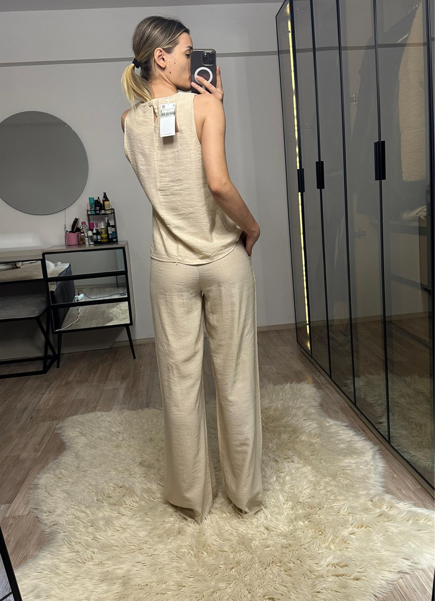 Perla Bej Asimetrik Bluz Pantolon Takım