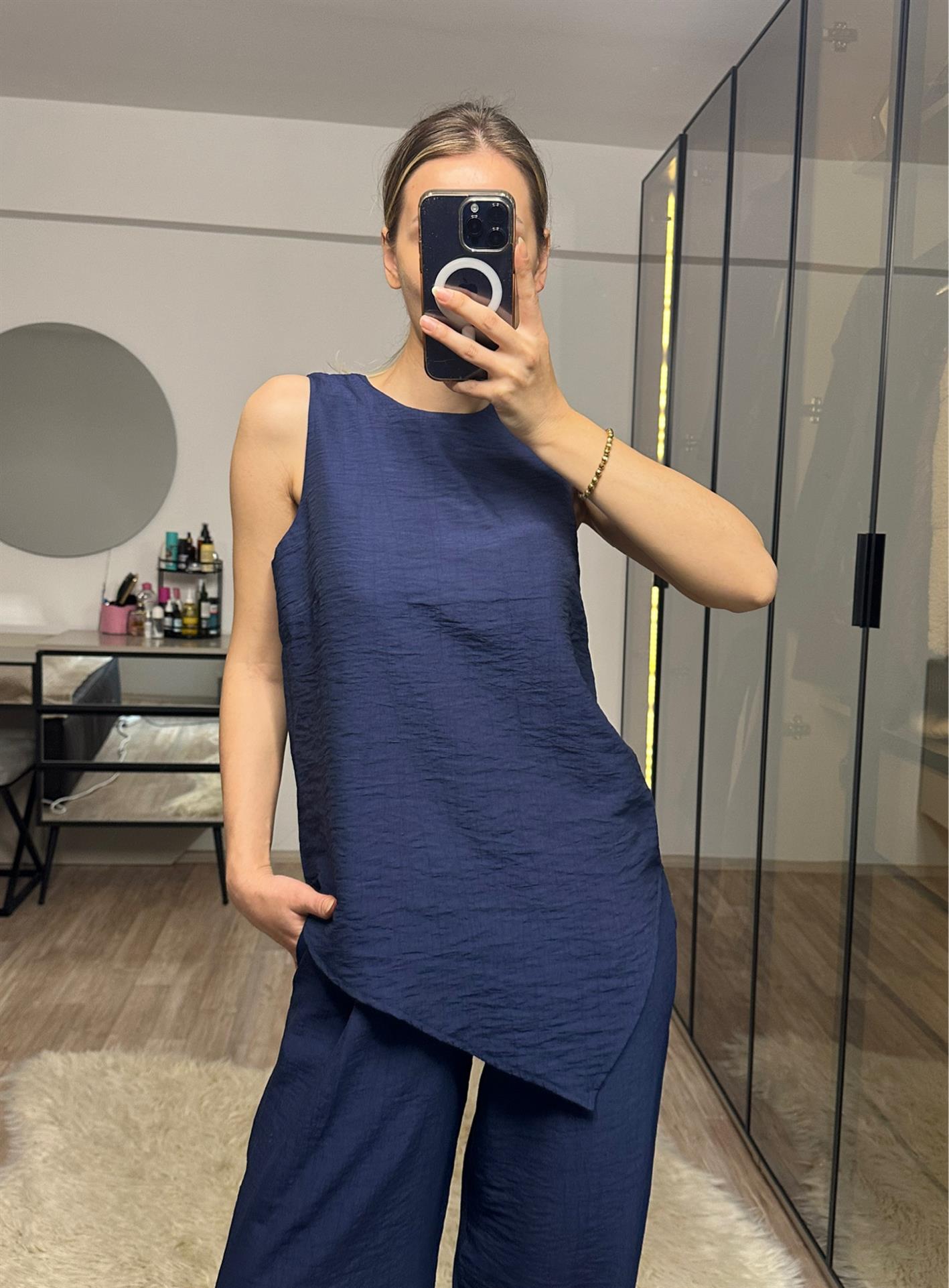 Perla Lacivert Asimetrik Bluz Pantolon Takım