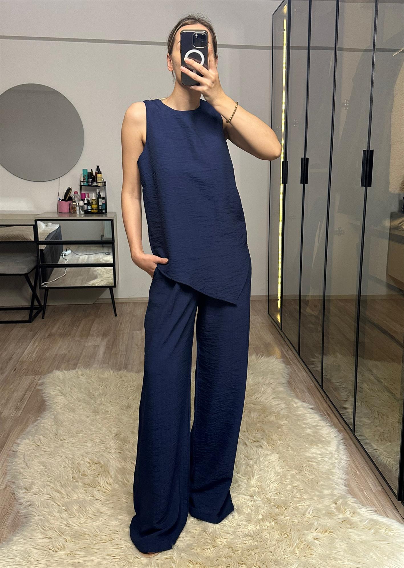 Perla Lacivert Asimetrik Bluz Pantolon Takım
