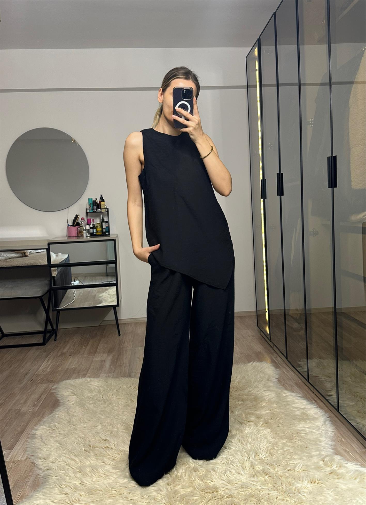 Perla Siyah Asimetrik Bluz Pantolon Takım