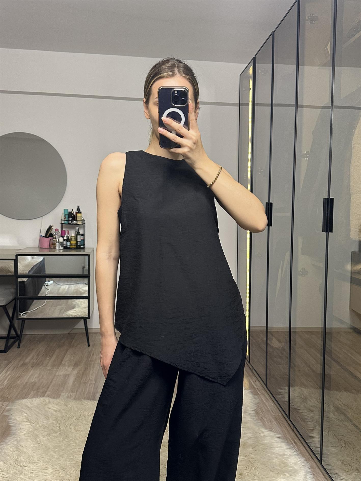 Perla Siyah Asimetrik Bluz Pantolon Takım