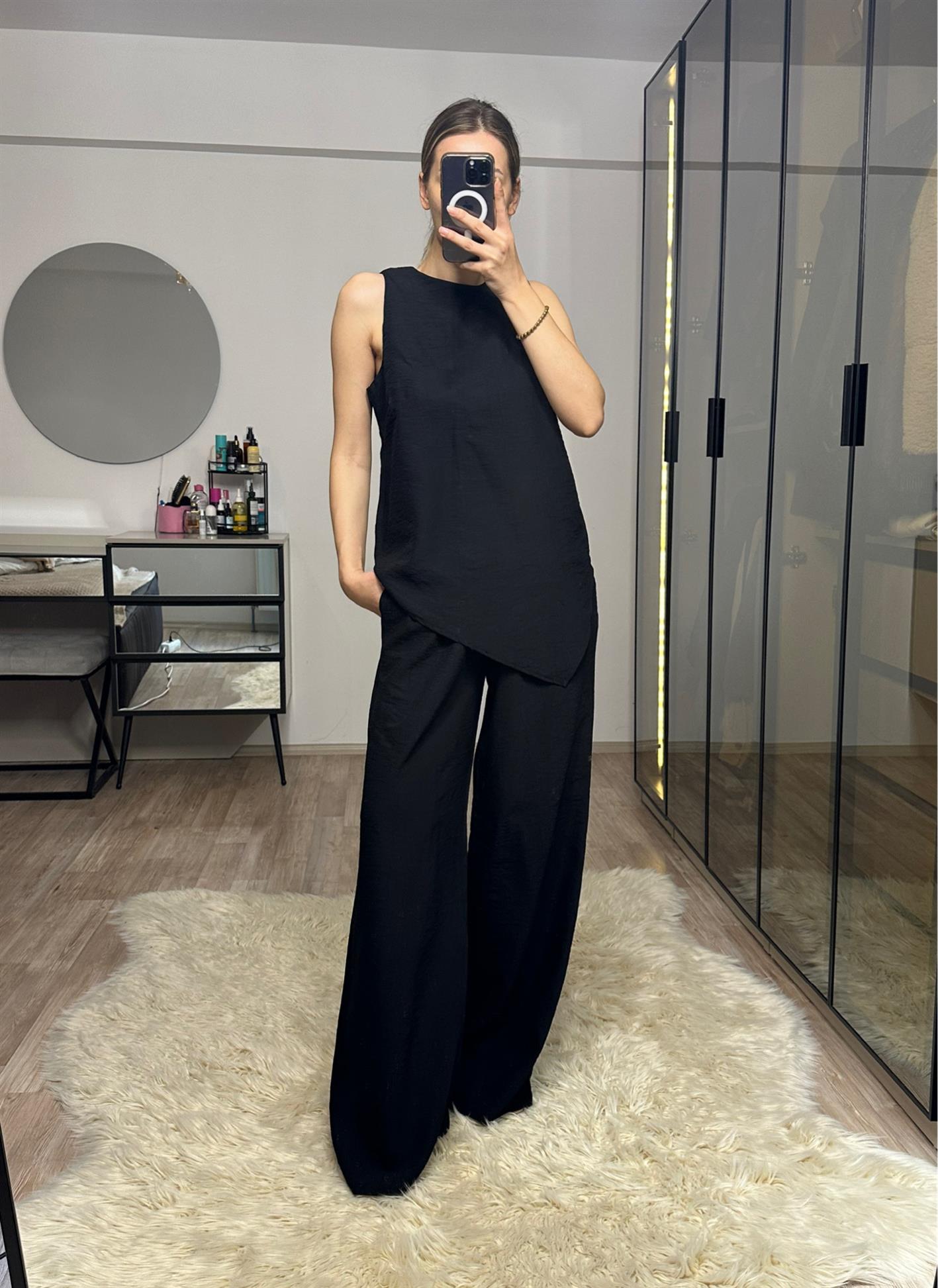 Perla Siyah Asimetrik Bluz Pantolon Takım