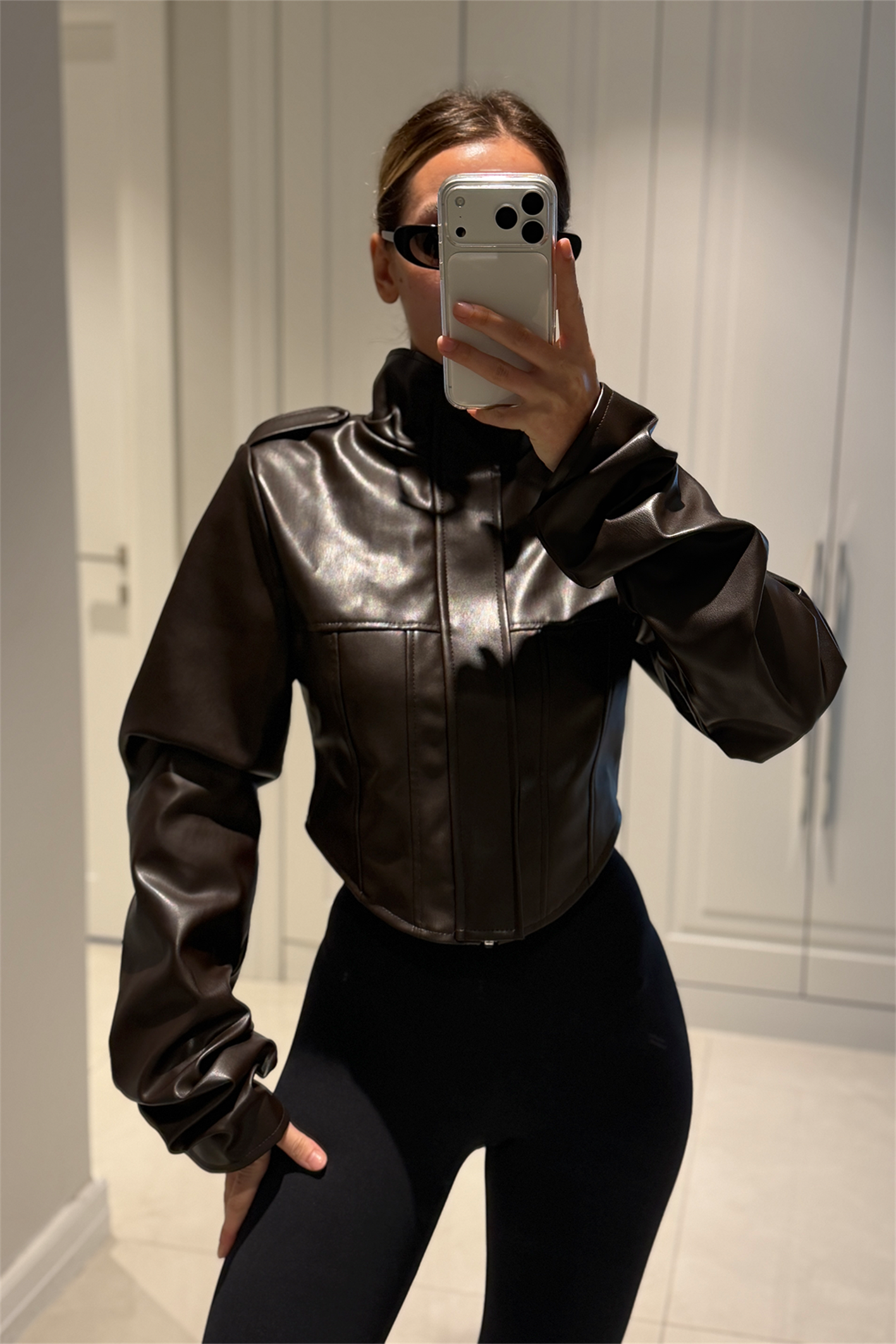 Rebecca Acı Kahve Crop Deri Ceket