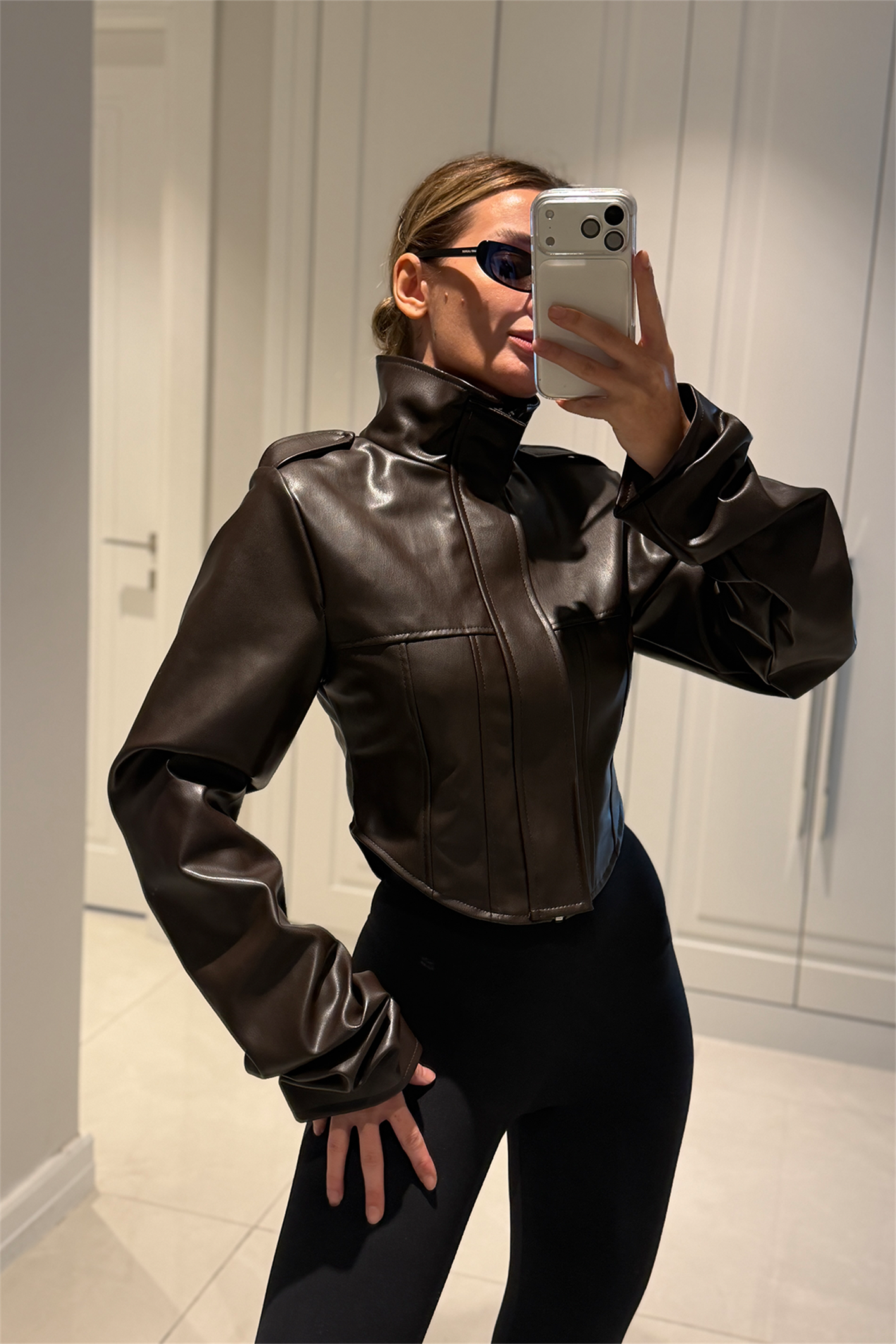 Rebecca Acı Kahve Crop Deri Ceket