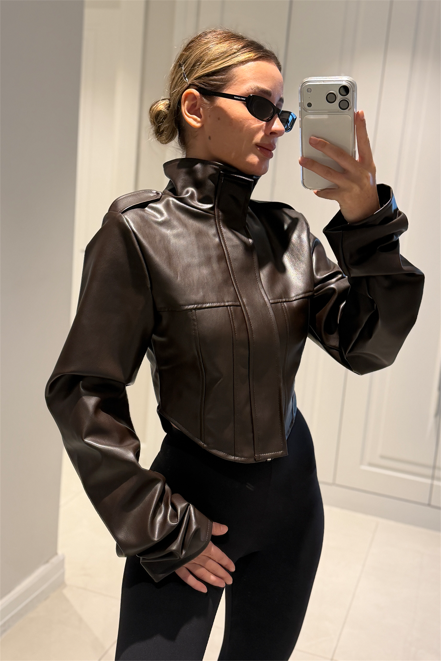 Rebecca Acı Kahve Crop Deri Ceket