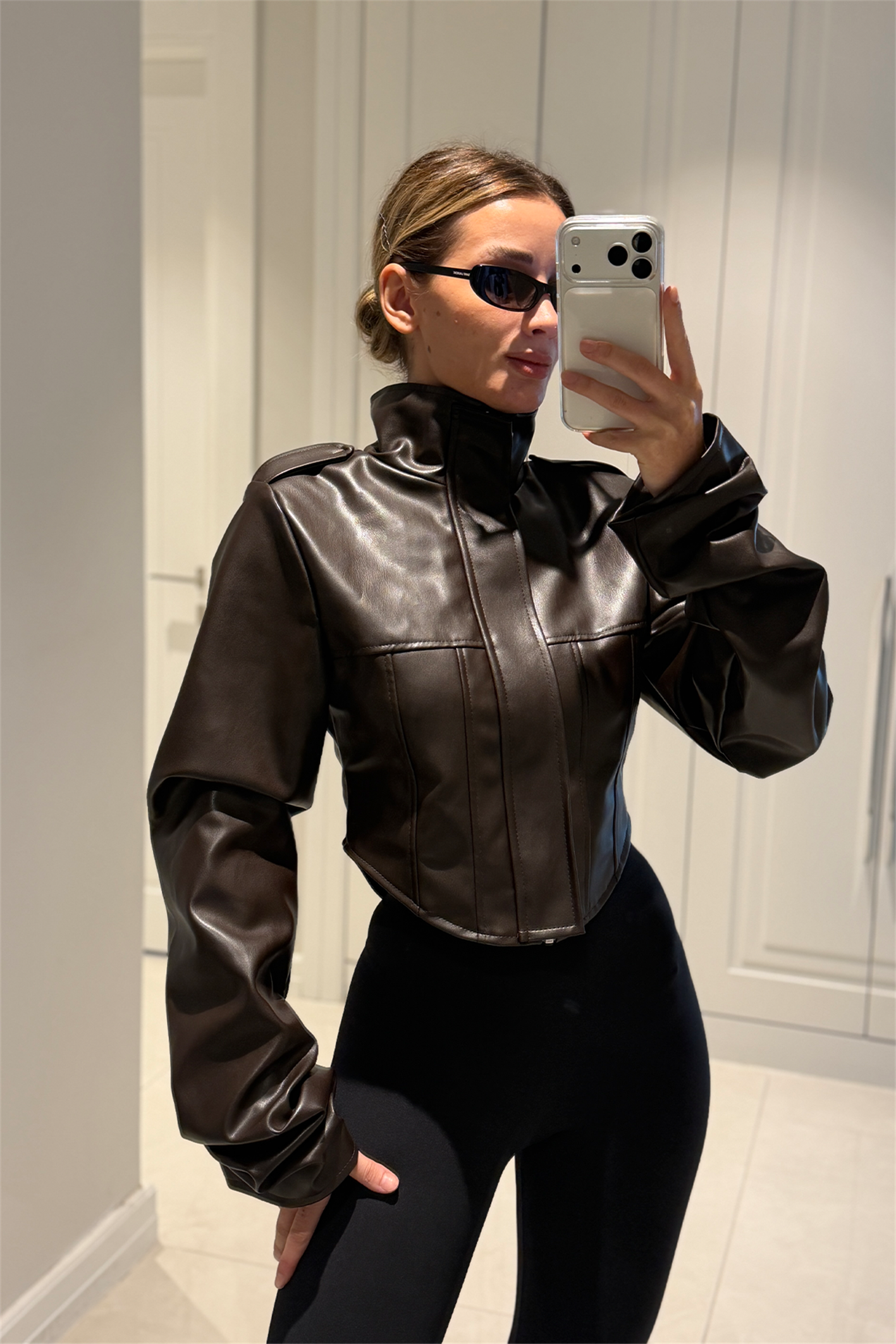 Rebecca Acı Kahve Crop Deri Ceket